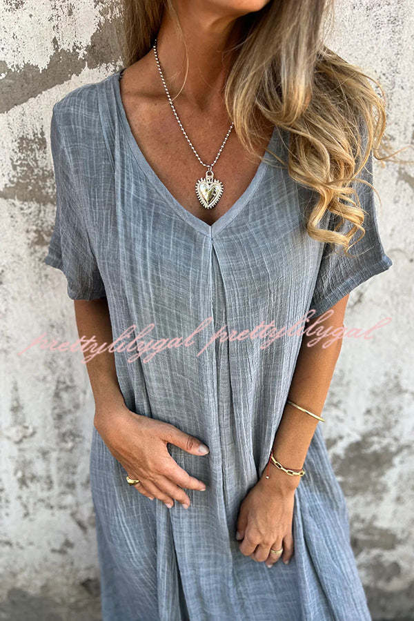 Bayside Bliss Linen Blend Short Sleeve Pleated Loose Midi Dress for Women | Summer Beach Vacation Outfit | Casual Boho Chic Dress for Travel, Date Night & Outdoor Events