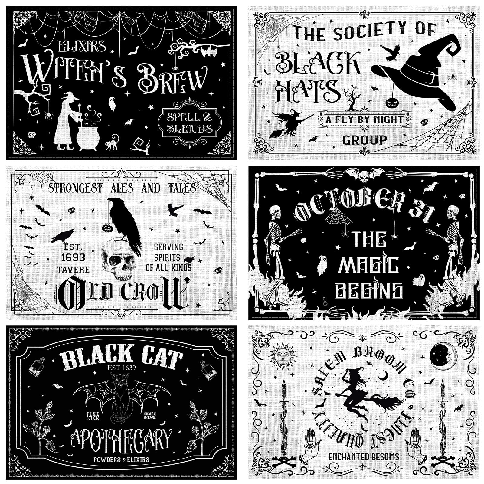 Umigy 6-Pack Gothic Bat Halloween Placemats 12x18 Inches - Washable Skull & Witch Themed Table Mats for Spooky Dining Decor, Kitchen & Party Accessories (Black & White Character Design) - Perfect for Halloween Parties, Themed Dinners & Gothic Home Decor