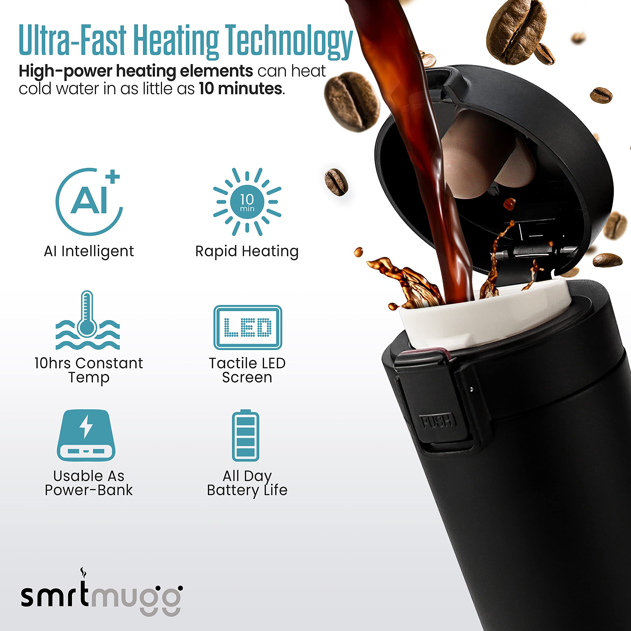 10 oz. Black Heated Coffee Mug with All-Day Battery Life - Fast Heating Travel Mug for Coffee & Tea - USB Rechargeable Smart Mug - Perfect for Office, Commuting & Outdoor Use