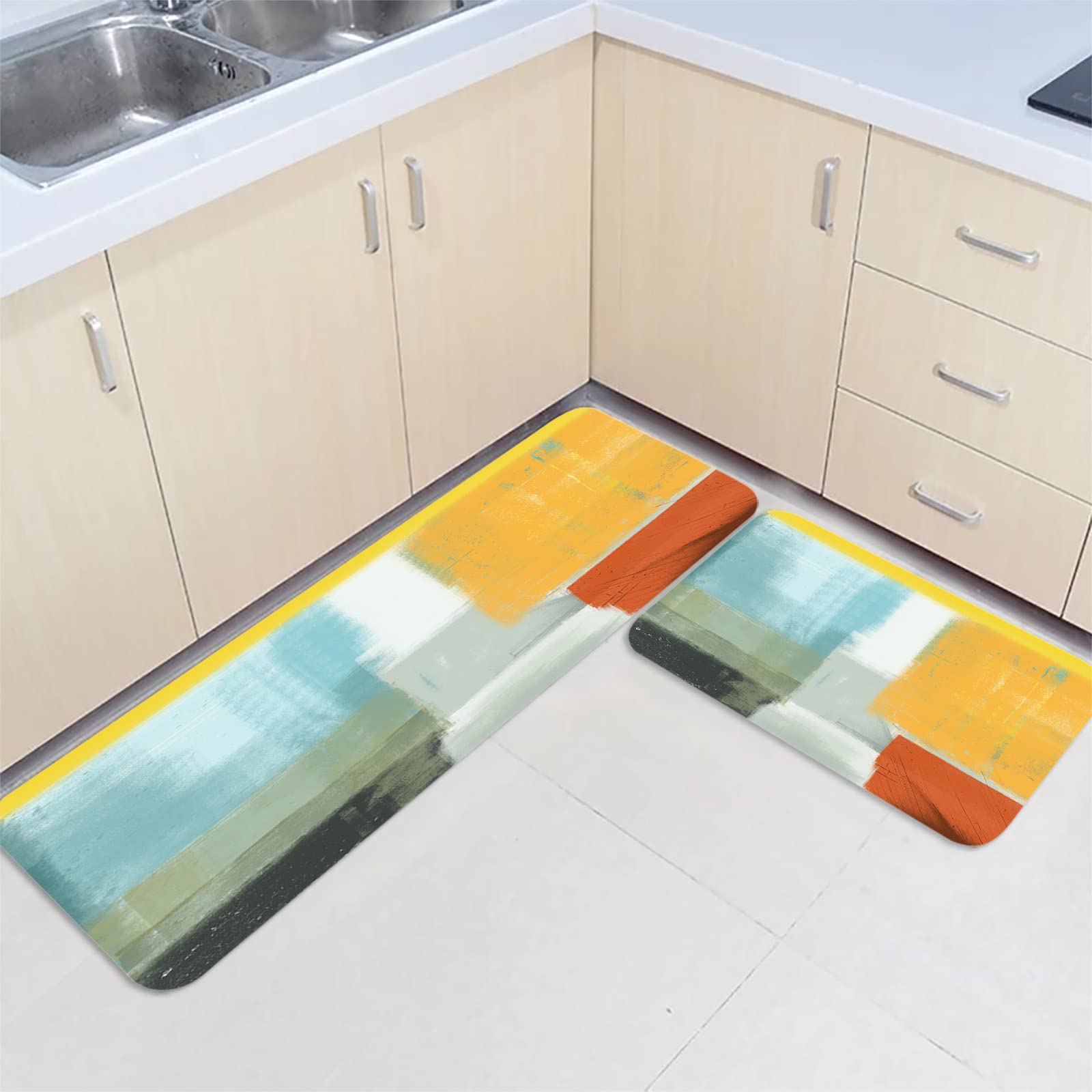Non-Slip Teal Geometric Kitchen Mats 2-Pack - Watercolor Abstract Art Floor Rugs, Absorbent Standing Mats for Bathroom, Living Room & Entryway - Perfect for High-Traffic Areas & Home Decor