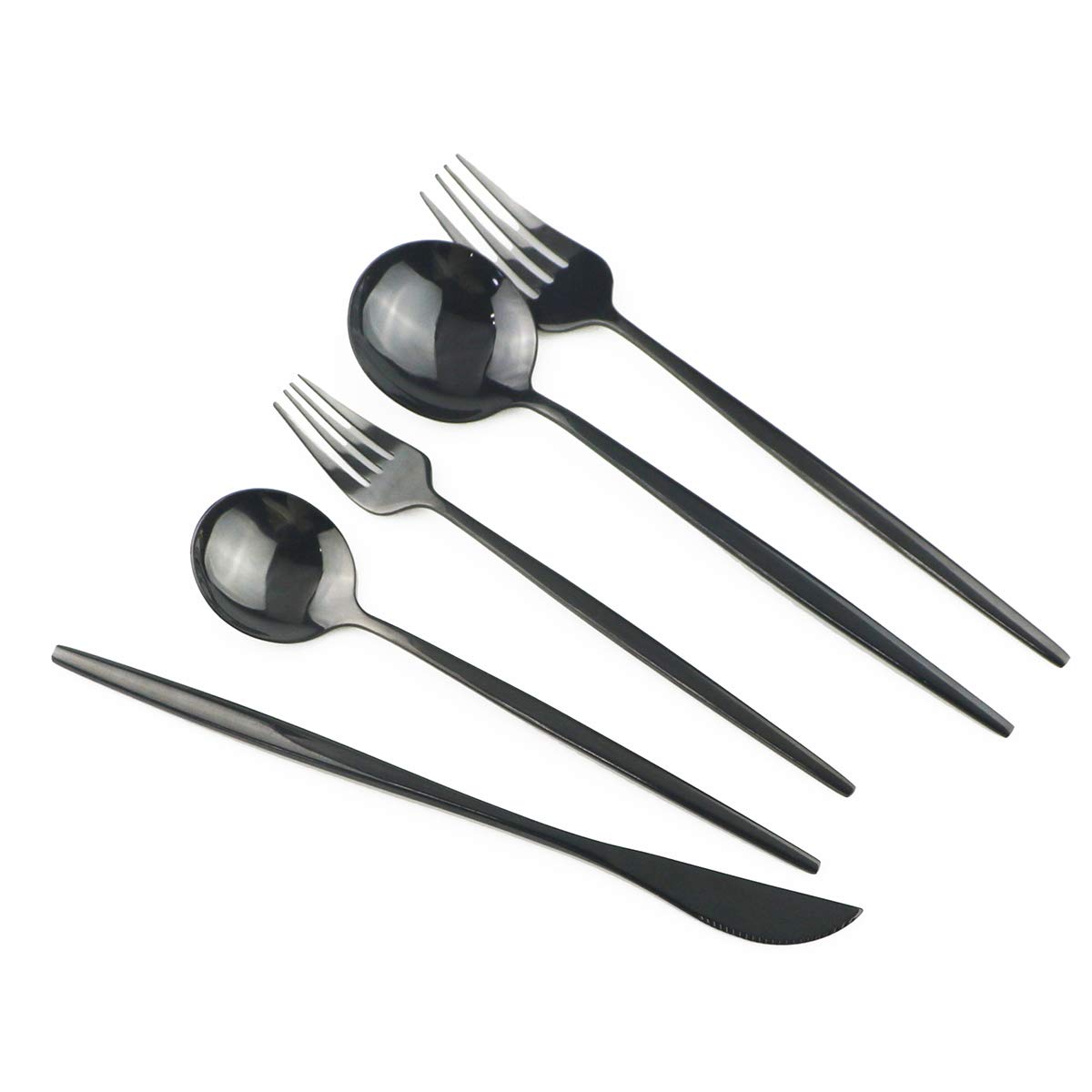 10-Piece Stainless Steel Silverware Set - 304 Mirror Polished Black Flatware Set with Forks, Spoons & Knives - Elegant Curved Design - Dishwasher Safe Tableware for 2 - Perfect for Dinner Parties, Restaurants & Home Use (Black)