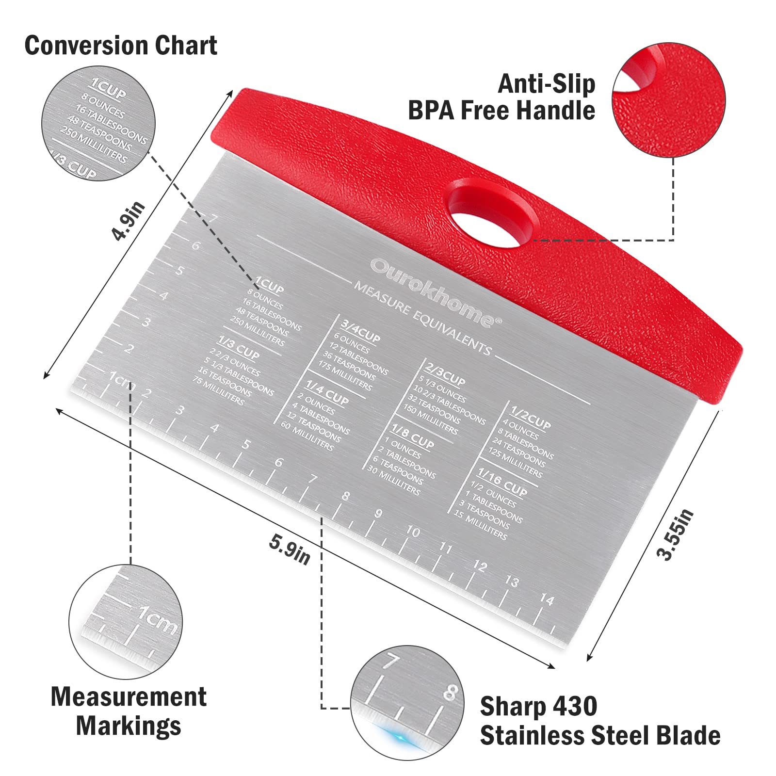 Ourokhome Stainless Steel Dough Scraper & Pizza Cutter - 2 Pack Red Kitchen Baking Tools with Laser-Engraved Measuring Scale & Conversion Chart | Dishwasher Safe, Durable for Pastry Making, Pizza Cutting & Bread Baking | Perfect for Home Bakers & Professional Chefs