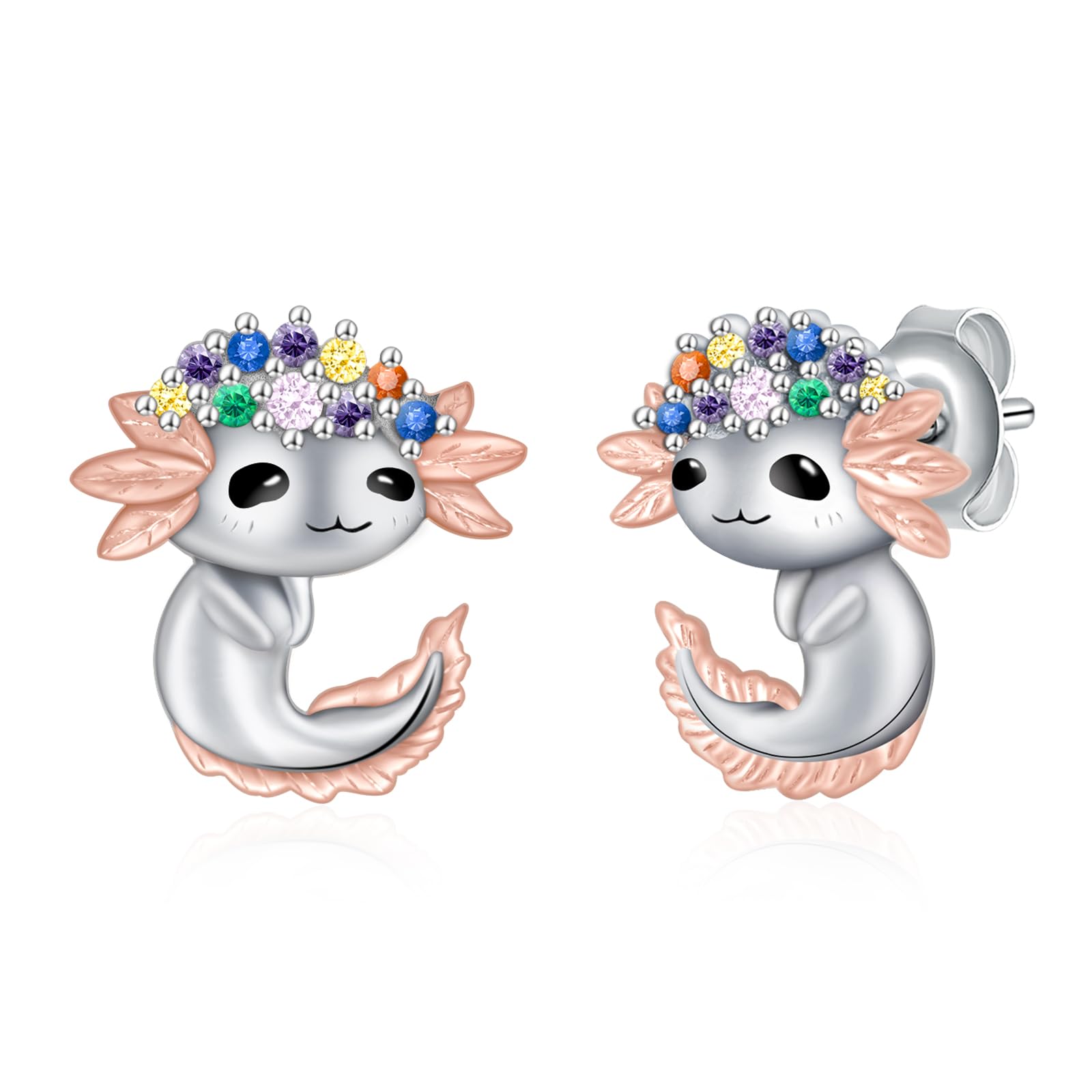 925 Sterling Silver Cute Animal Stud Earrings - Axolotl, Highland Cow, Panda & Giraffe Designs with Colored Zircon | Dainty Jewelry Gift for Women & Girls | Perfect for Everyday Wear, Birthdays & Special Occasions