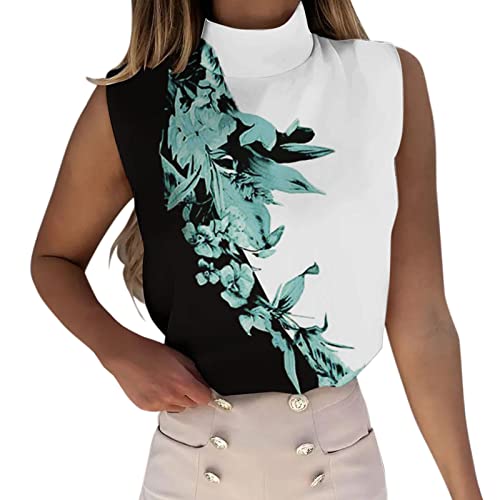 Women's Floral Print Turtleneck Sleeveless Tank Top - Casual Dressy Blouse for Work & Evening Out (Green, XXL) | Perfect for Office Wear, Date Nights & Summer Fashion