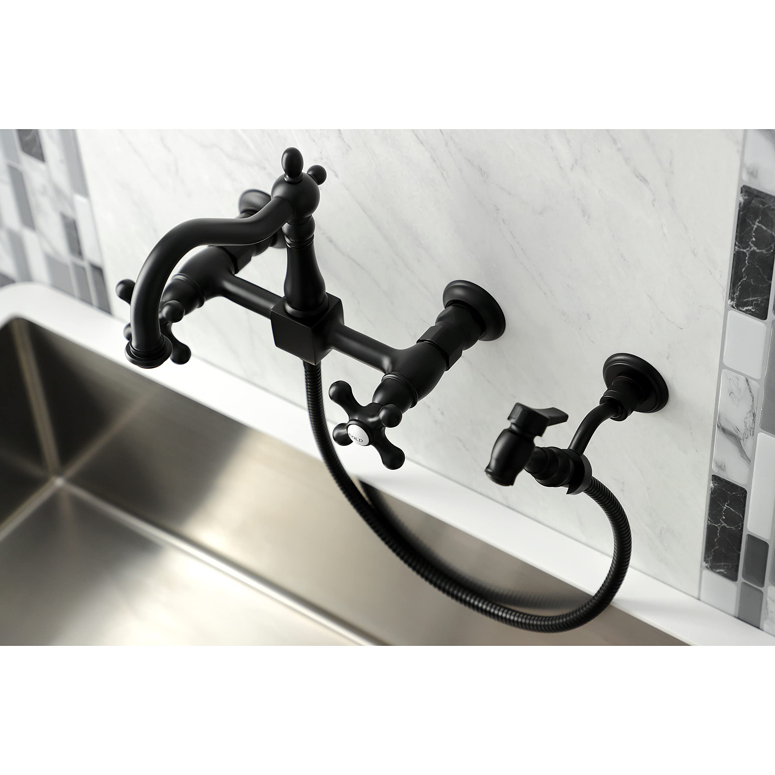 Kingston Brass KS1260AXBS Heritage Bridge Kitchen Faucet in Matte Black - High Arc Pull-Down Sprayer for Modern Farmhouse & Vintage Style Kitchens