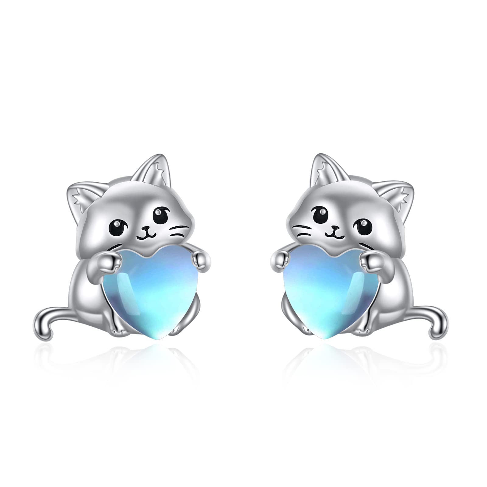 YFN Sterling Silver Cat Moonstone Stud Earrings for Women & Girls | Elegant Animal Jewelry for Everyday Wear & Special Occasions