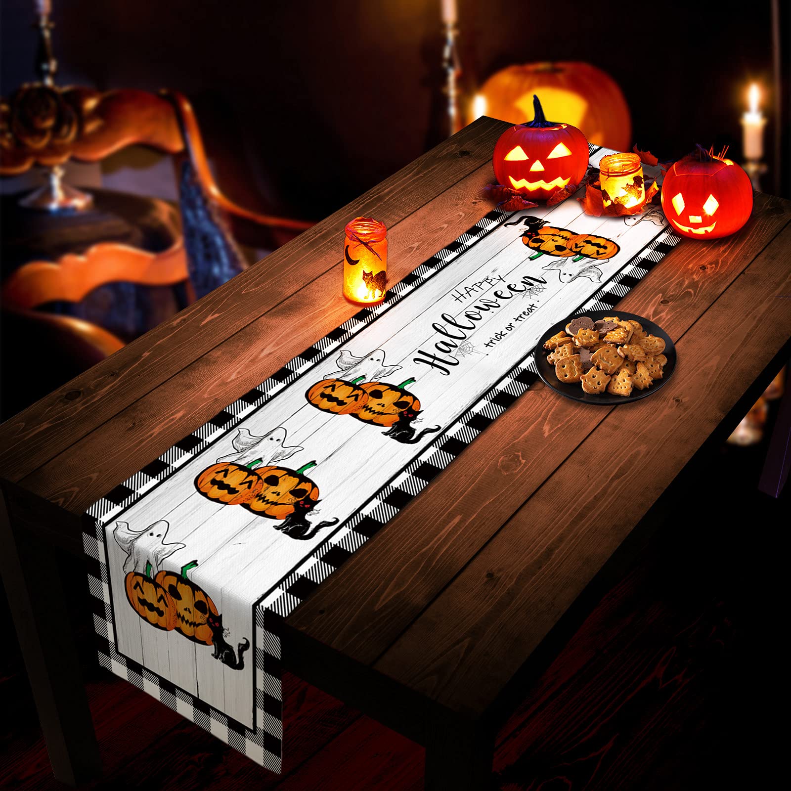 Halloween Burlap Table Runner 108 Inches - Black and White Buffalo Check Checkered with Pumpkins, Ghosts & Black Cat Design for Trick or Treat - Perfect for Home Kitchen, Party Dining & Coffee Tables Decorations