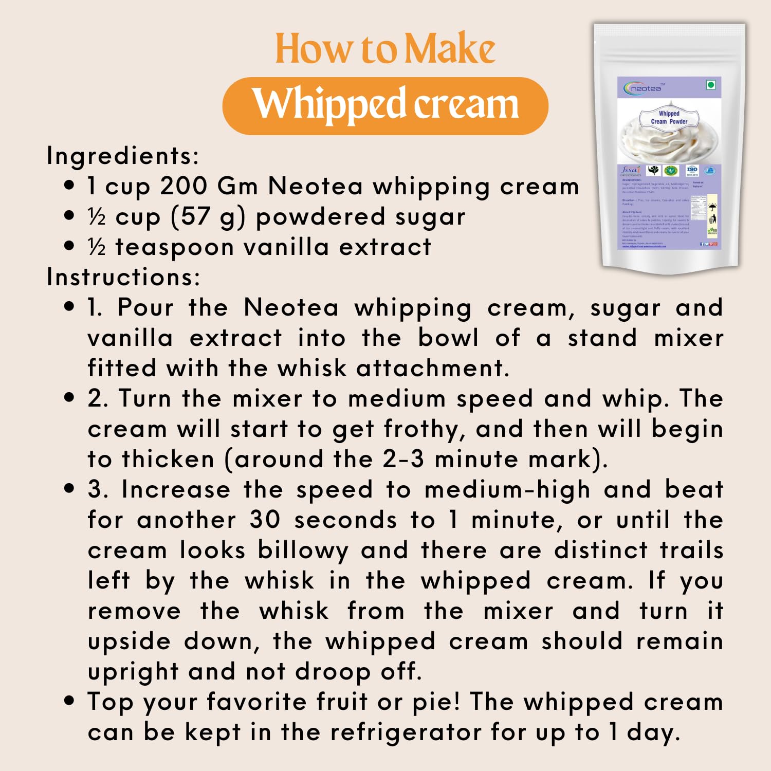 Premium Neotea Whipped Cream Powder for Baking - 200g (7.05oz) Cake Stabilizer & Dessert Topping Mix | Heavy Whipping Cream Powder for Icing, Ice Cream, Coffee & Pastries | Perfect for Professional Bakers & Home Chefs