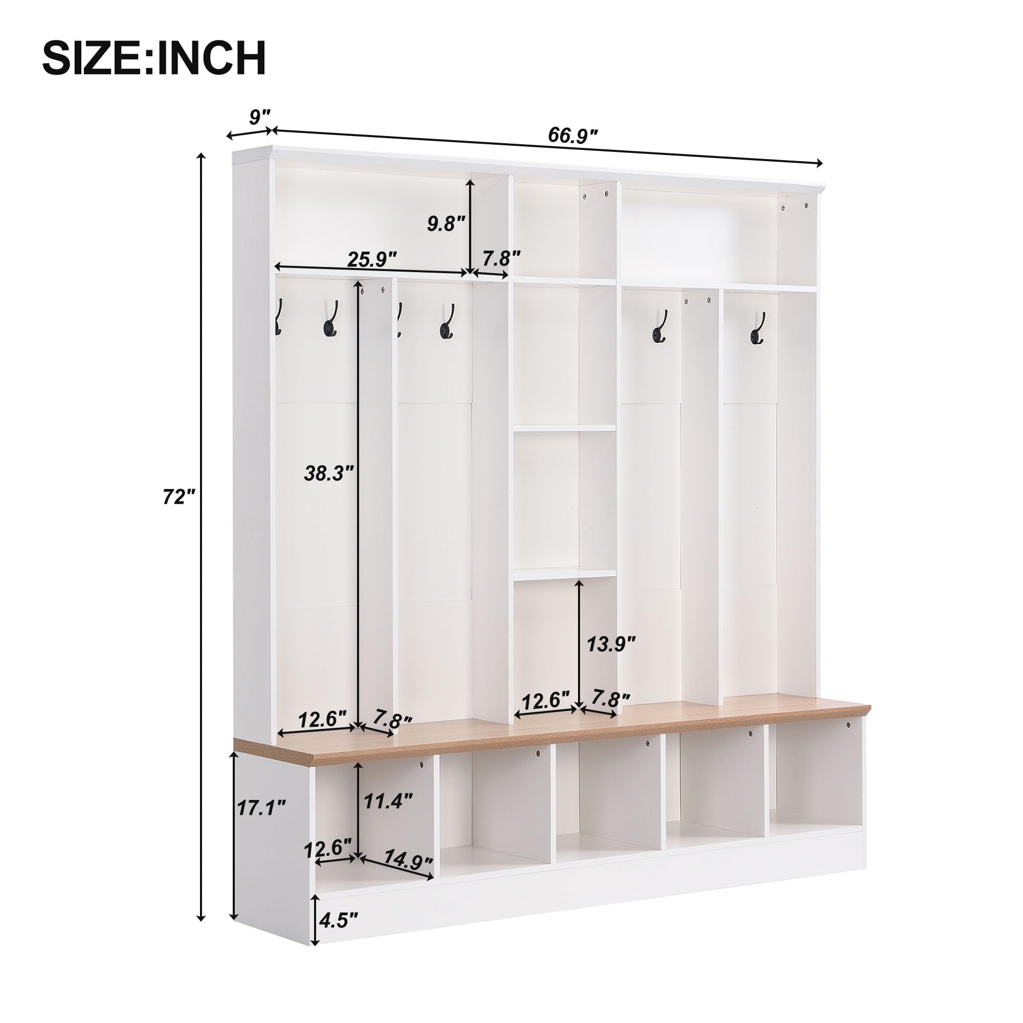 66.9 Inch Wide Entryway Hall Tree with Shelves, 8 Hooks & Storage Bench - White Shoe Cabinet with Coat Rack & Cube Storage for Mudroom Organization - Perfect for Entryway, Hallway & Home Foyer Decor