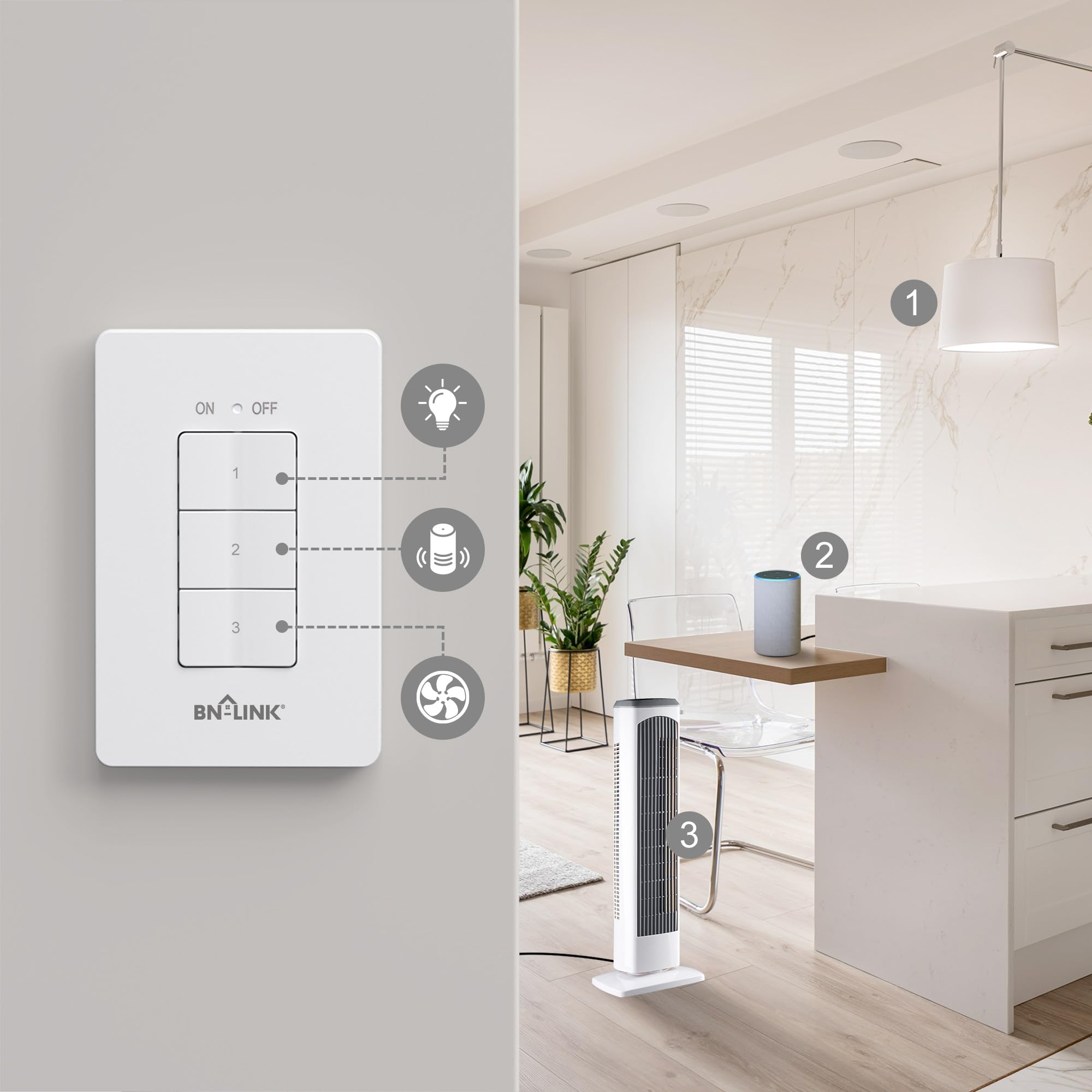 BN-LINK Mini Wireless Wall-Mount Remote Control Outlet Switch - 3 Outlet Power Plug for Home Appliances, Lights, LED Bulbs - White | Perfect for Bedroom, Living Room & Home Automation