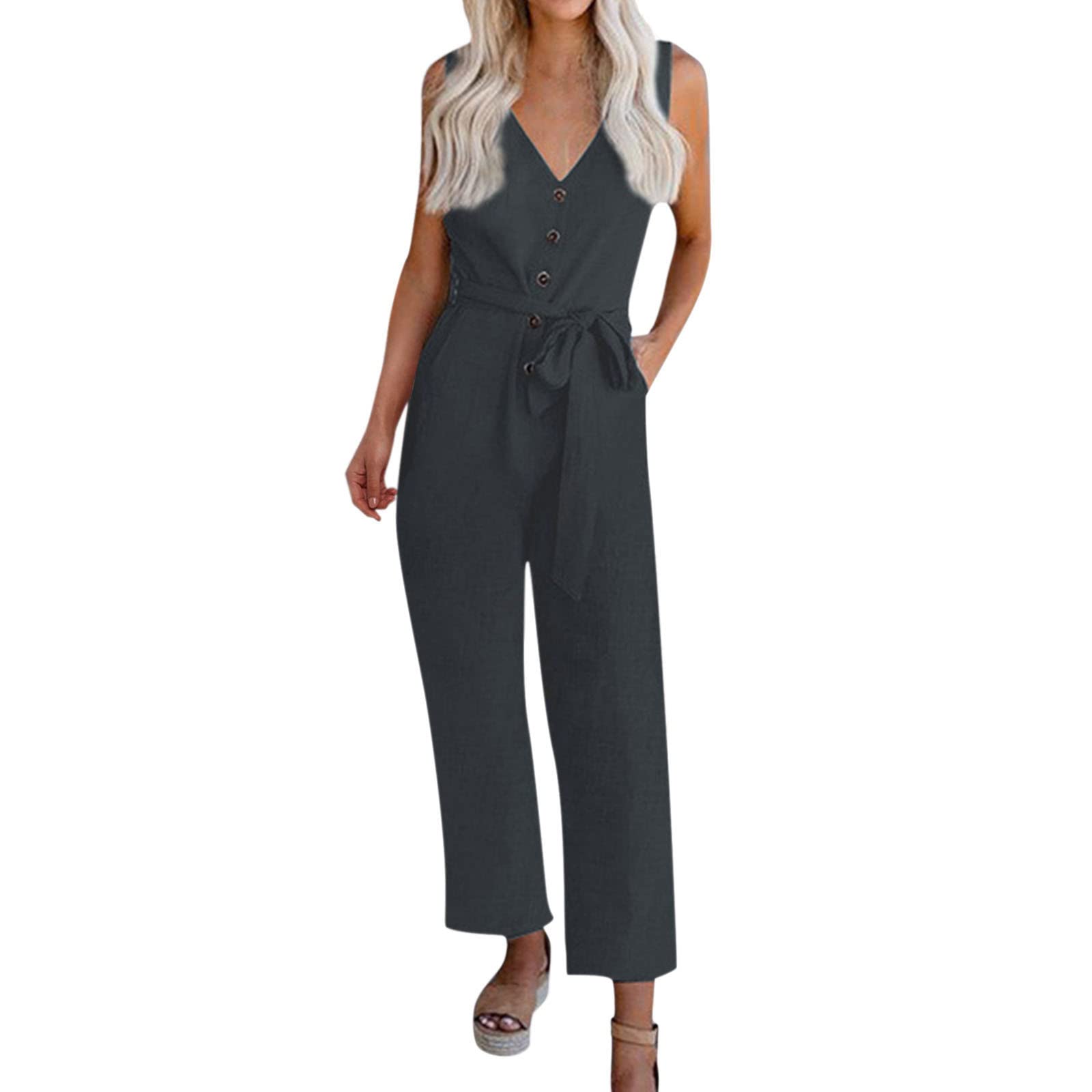 Women's Casual Solid Color Sleeveless V-Neck Button Pocket Tie Jumpsuit with Cropped Pants - Comfortable Sleepwear & Lounge Outfit (Grey, XL) | Perfect for Home Relaxation, Yoga, and Summer Vacation Wear