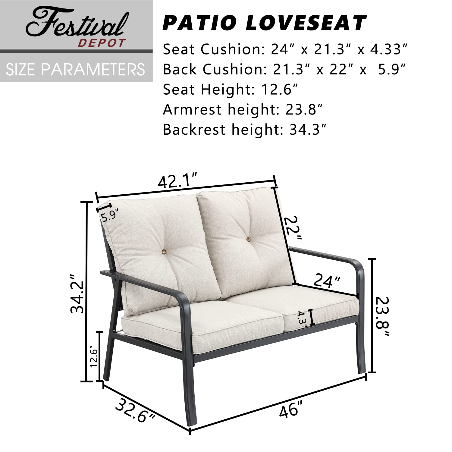 All-Weather 2-Seater Outdoor Loveseat with Metal Frame & Detachable Cushions - Patio Sofa for Porch, Balcony, Deck & Poolside - Beige - Perfect for Relaxing, Entertaining & Enjoying Outdoor Spaces