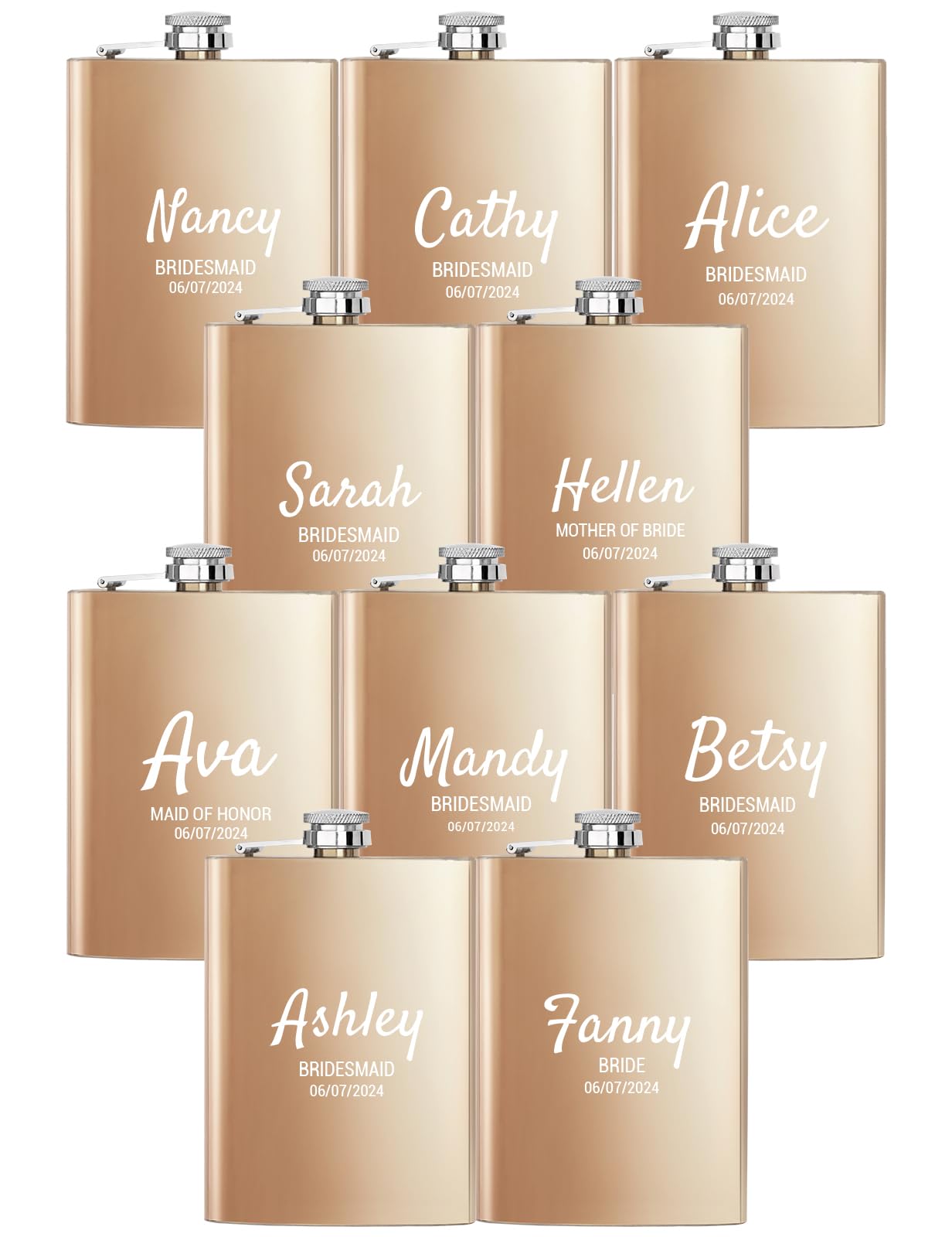 Personalized Bridesmaid Flasks Set of 10 - Custom 8oz Stainless Steel Engraved Liquor Flasks for Women - Perfect Bridesmaid Gift, Bachelorette Party, Valentine's Day & Birthday Presents (Champagne) - Great for Weddings, Girls' Night Out & Special Celebrations
