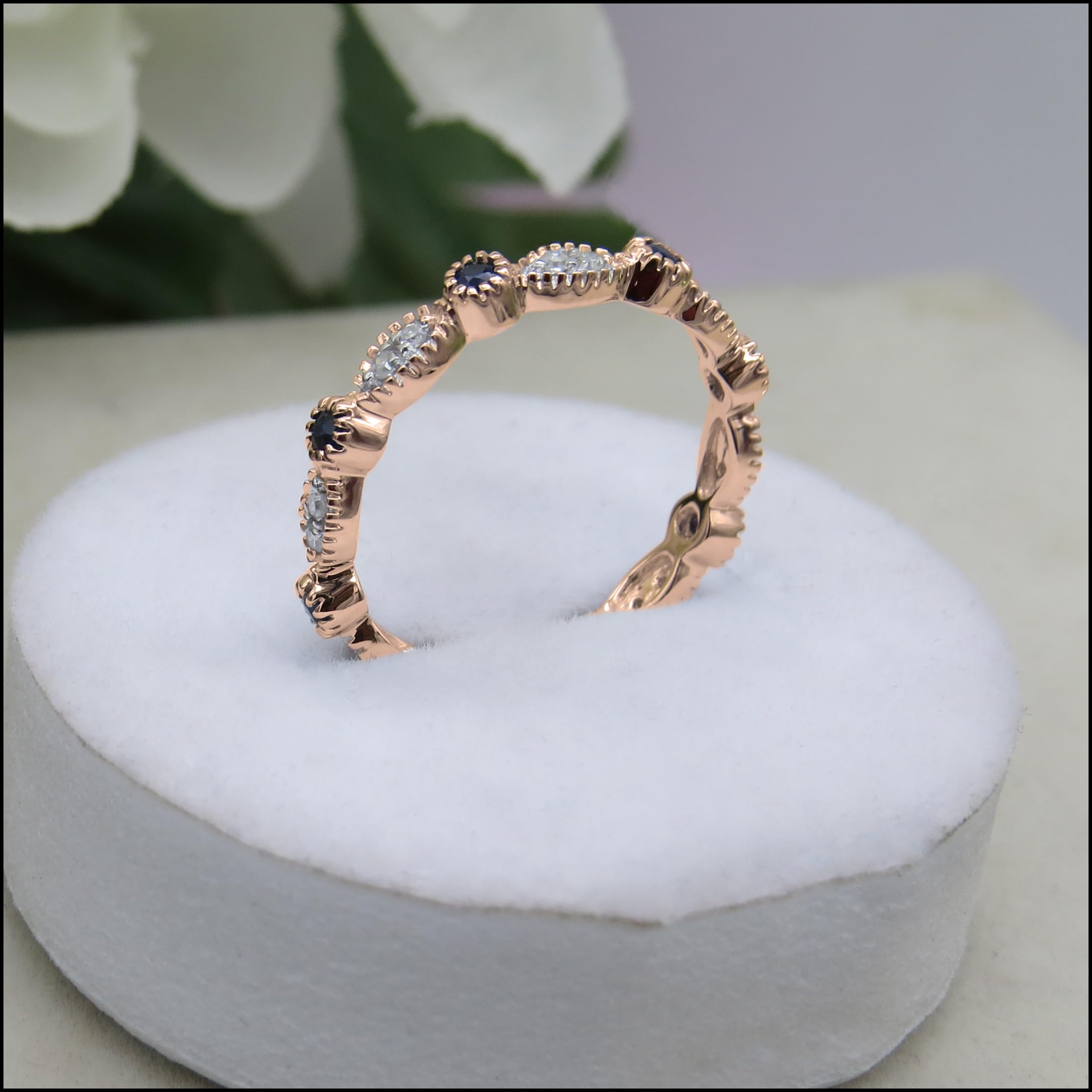 14K Solid Gold Round Blue Sapphire & White Diamond Vintage Stackable Eternity Wedding Ring for Women - Elegant Bridal Jewelry, Anniversary Gift, Stackable Ring Set for Special Occasions