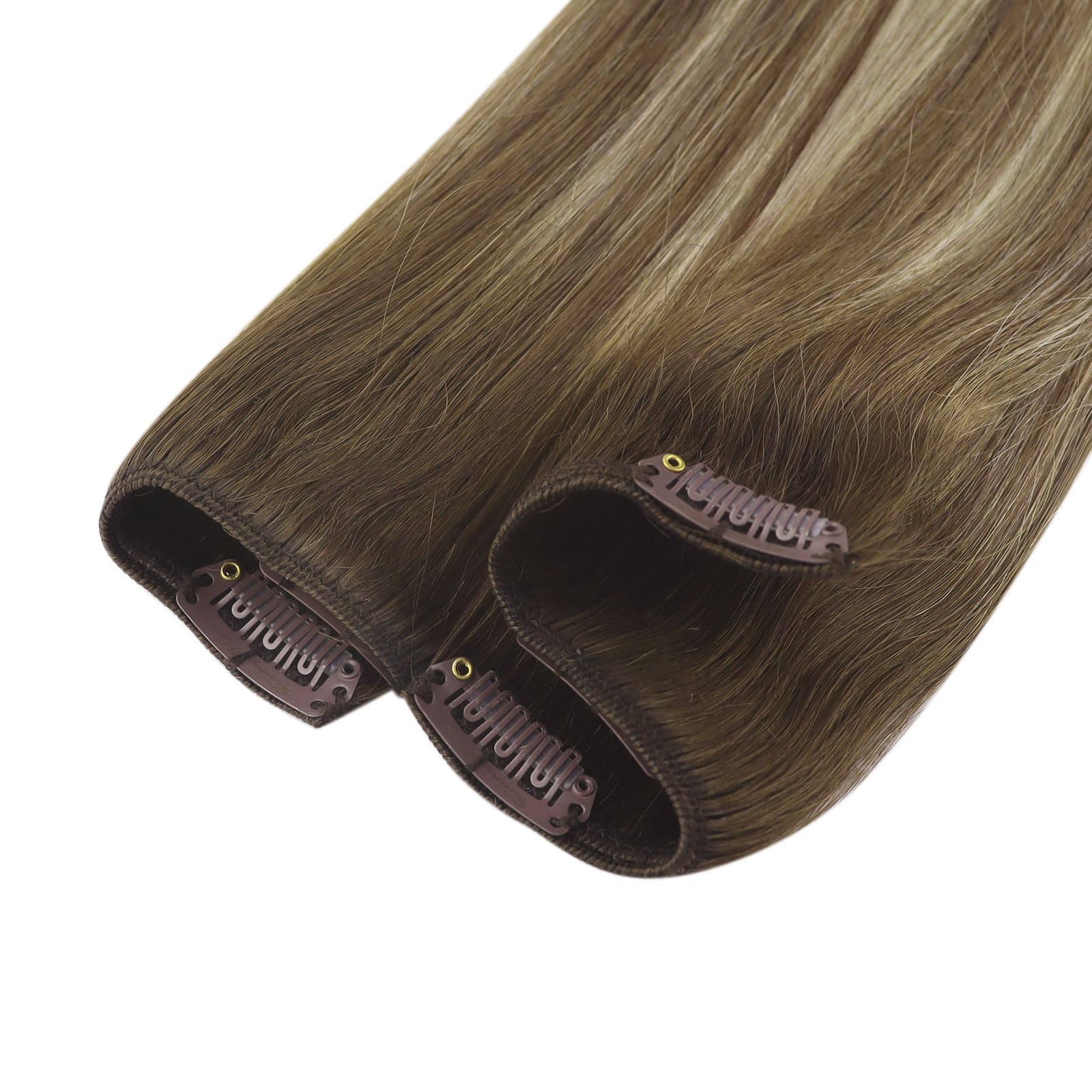 Ve Sunny Balayage Clip-in Human Hair Extensions - Dark Brown to Light Brown Blonde Mix, 20 Inch 7-Piece Set (120g) - Natural Looking Hair Extensions for Women | Perfect for Parties, Weddings & Everyday Styling