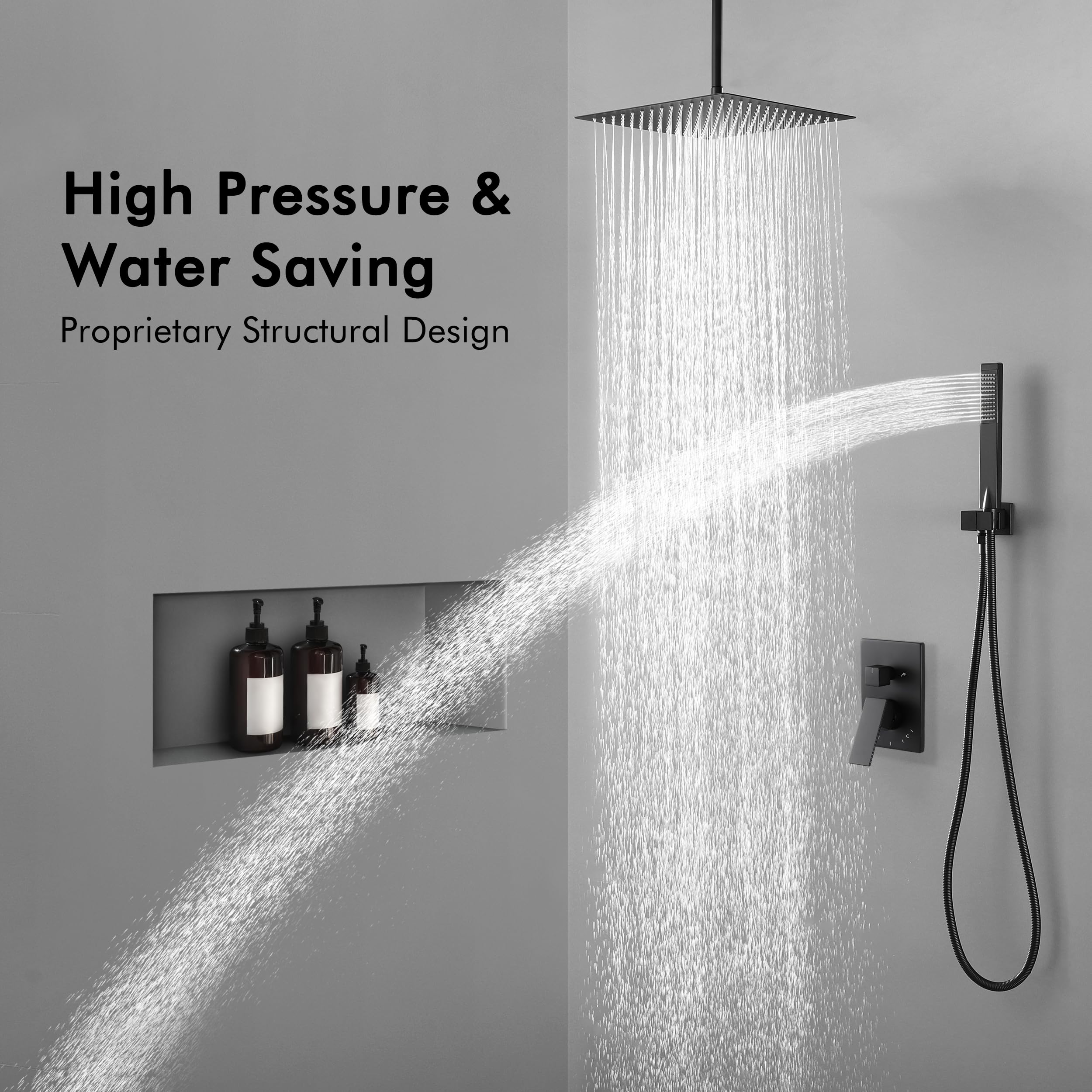 KES 12 Inch Rainfall Shower System - Matte Black Ceiling Mount Shower Head with Handheld Spray, Valve & Trim Kit (Model XB6235S12-BK) for Luxurious Spa-Like Bathroom Experience