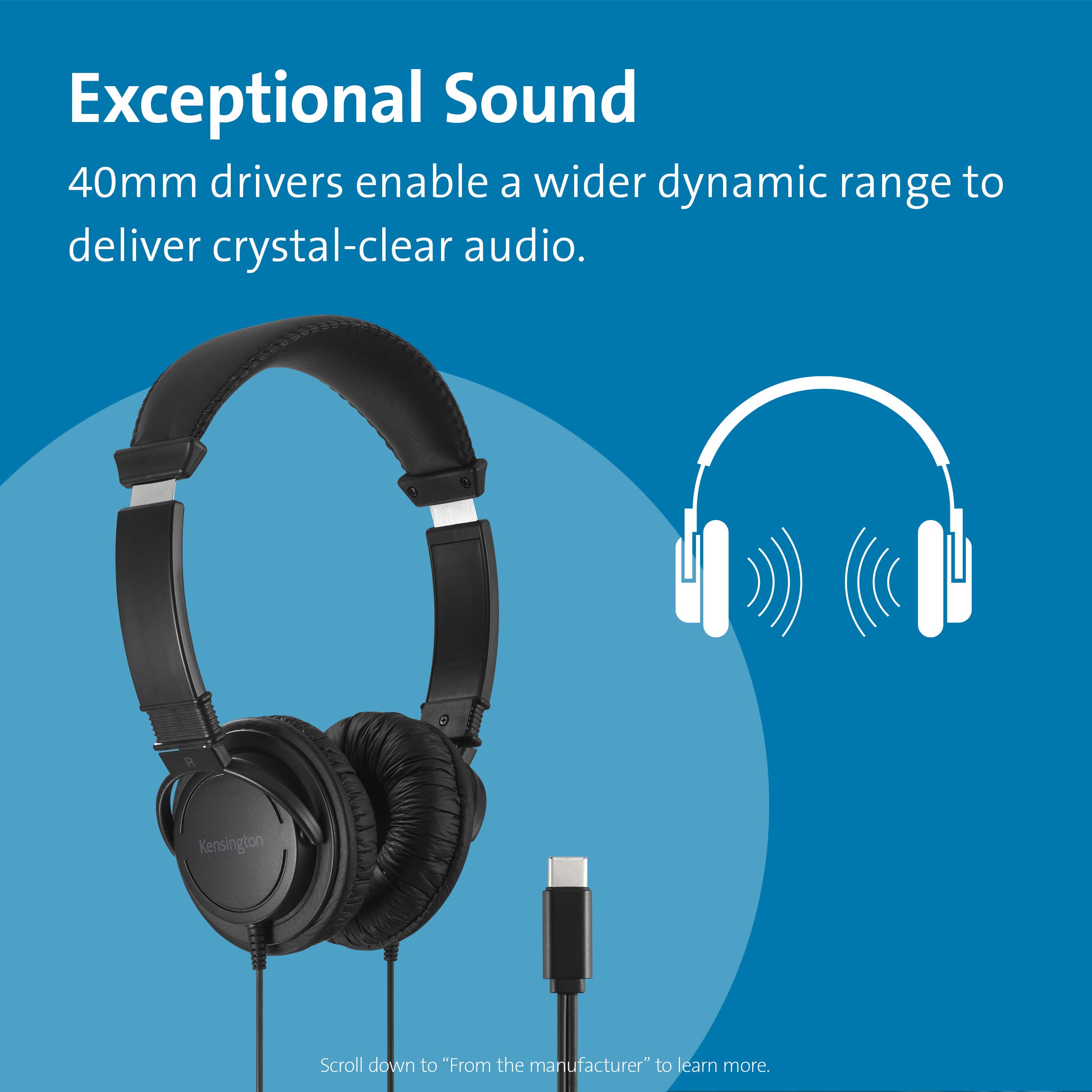 Kensington USB-C Hi-Fi Headphones with Noise Cancellation - Premium Sound for Music, Gaming & Work - Wireless Over-Ear Headphones for Travel, Office & Home Use