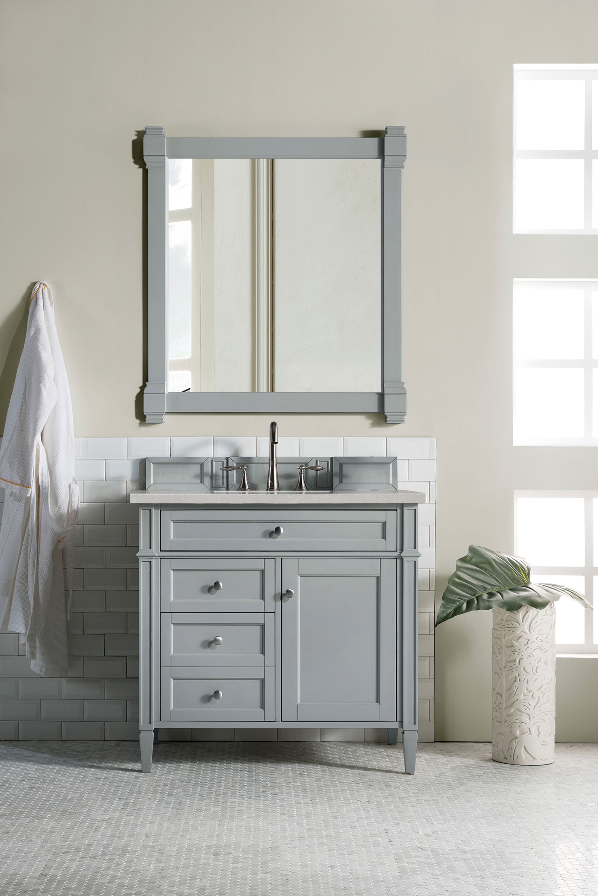 Brittany 36-Inch Urban Gray Bathroom Vanity with 3CM Eternal Serena Quartz Top - Modern Single Sink Vanity for Small Bathrooms & Powder Rooms