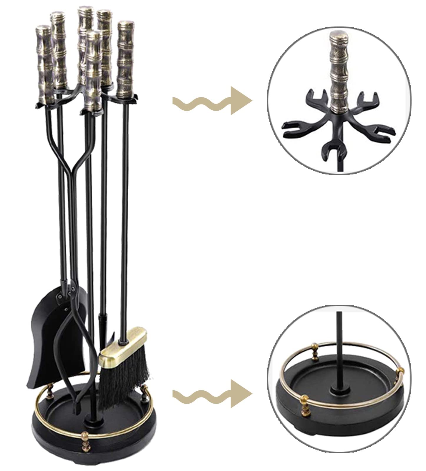 Premium MTSON 5-Piece Rustic Fireplace Tool Set with Brass Handles - Cast Iron Fireplace Accessories, Standing Design & Easy Assembly for Indoor/Outdoor Fire Pits, Fireplaces & Wood Stoves