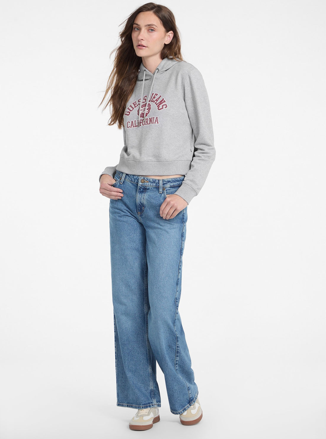 Guess Jeans Grey Crop Hoodie with Print - Women's Casual Pullover Sweatshirt for Streetwear & Loungewear