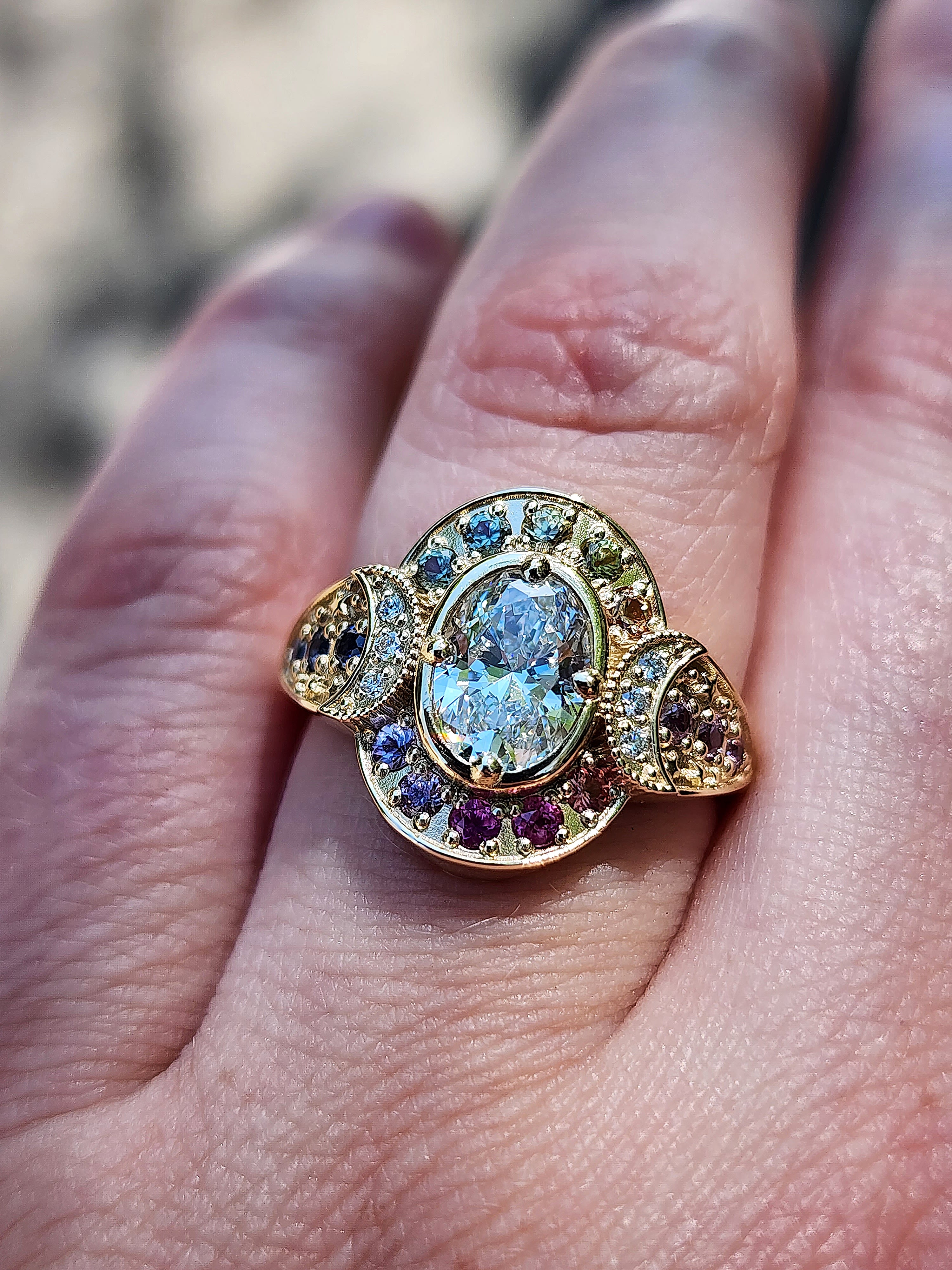Lab Diamond Oval Spectrum Moon Ring with Natural Rainbow Sapphire Halo & Gold Stardust - Modern Bohemian Celestial Engagement Ring (Choose Lab Diamond or Moissanite Center Stone) - Perfect for Boho Weddings, Celestial-Themed Proposals & Unique Anniversary Gifts