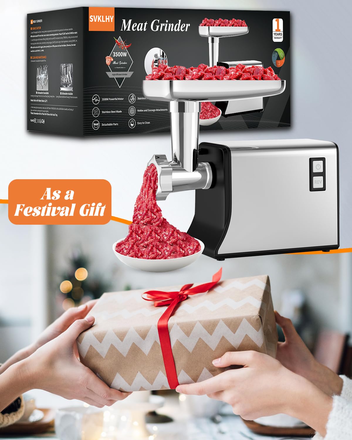 Powerful 3500W Electric Meat Grinder with 6 Stainless Steel Blades & Grinding Plates - Heavy Duty Sausage Stuffer with Kubbe Attachment & Thermal Protection - Perfect for Home Kitchen, Butcher Shop & Commercial Use (Dark Black)