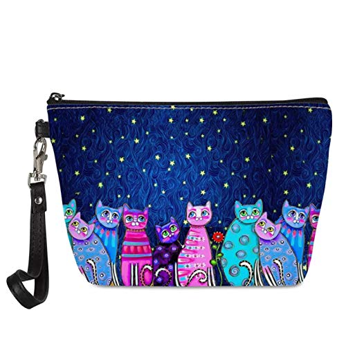 Cute Cat Print Cosmetic Bags with Wristlet Strap - Waterproof PU Leather Travel Makeup Pouch & Toiletry Organizer for Women | Perfect for Travel, Gym, and Daily Essentials Storage