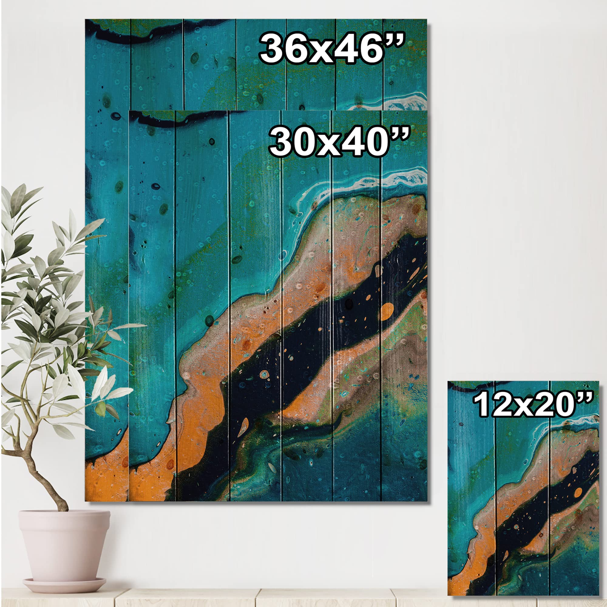 Abstract Marble Wood Wall Art - Blue & Orange Modern Decor for Living Room