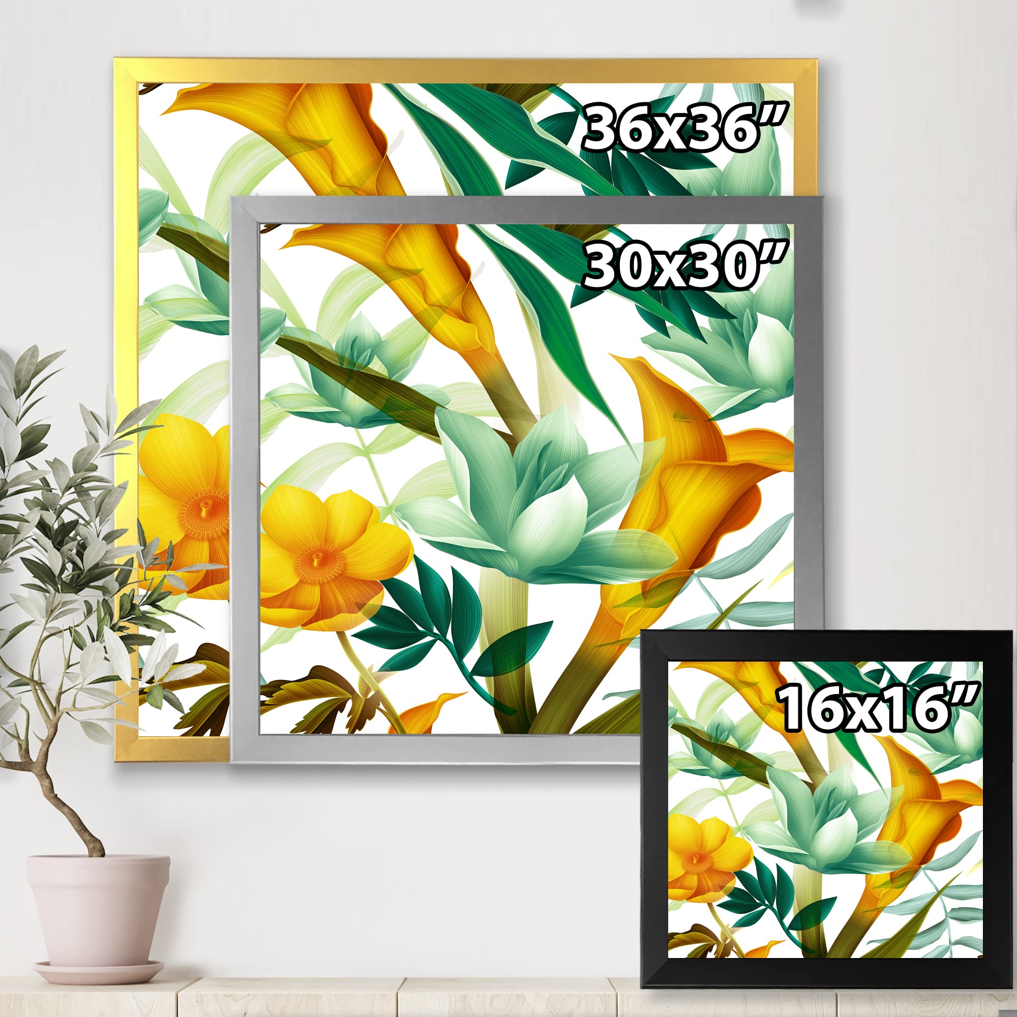Tropical Foliage & Yellow Flowers III - Modern Framed Wall Art Print - Perfect for Living Room, Bedroom & Office Decor