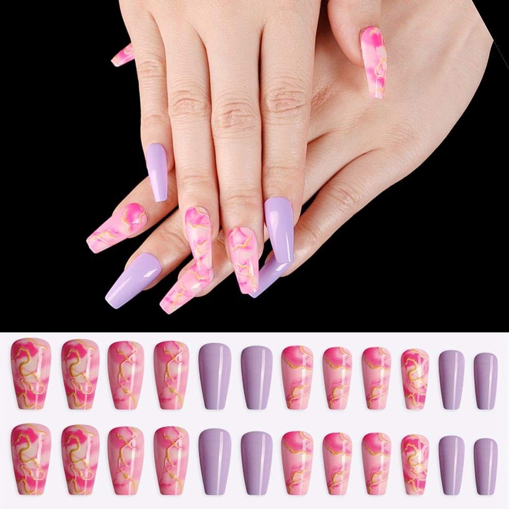 24pcs/Set Detachable Long Coffin Fake Nails - European Rainbow Ballerina Full Nail Art Tips - Colorful Artificial False Nails for Women - Perfect for Parties, Weddings & Special Occasions (Series A 12)
