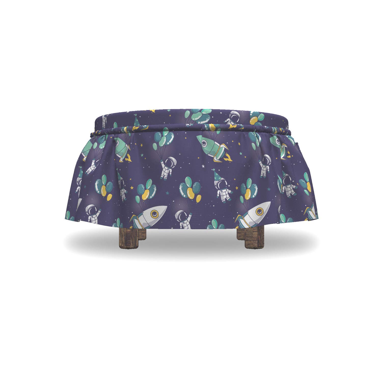 Ambesonne 2-Piece Ottoman Slipcover Set with Ruffle Skirt - Balloons & Rockets Design for Square/Round Footstools - Violet Blue Teal & Yellow Decorative Home Accent - Perfect for Living Room, Bedroom or Party Decor