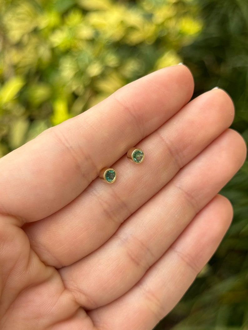 0.50tcw 14K Natural Lush Medium Green Round Cut Bezel Set 3.70mm Gold Baby Emerald Stud Earrings for Women - Perfect for Everyday Wear, Gift Giving & Special Occasions