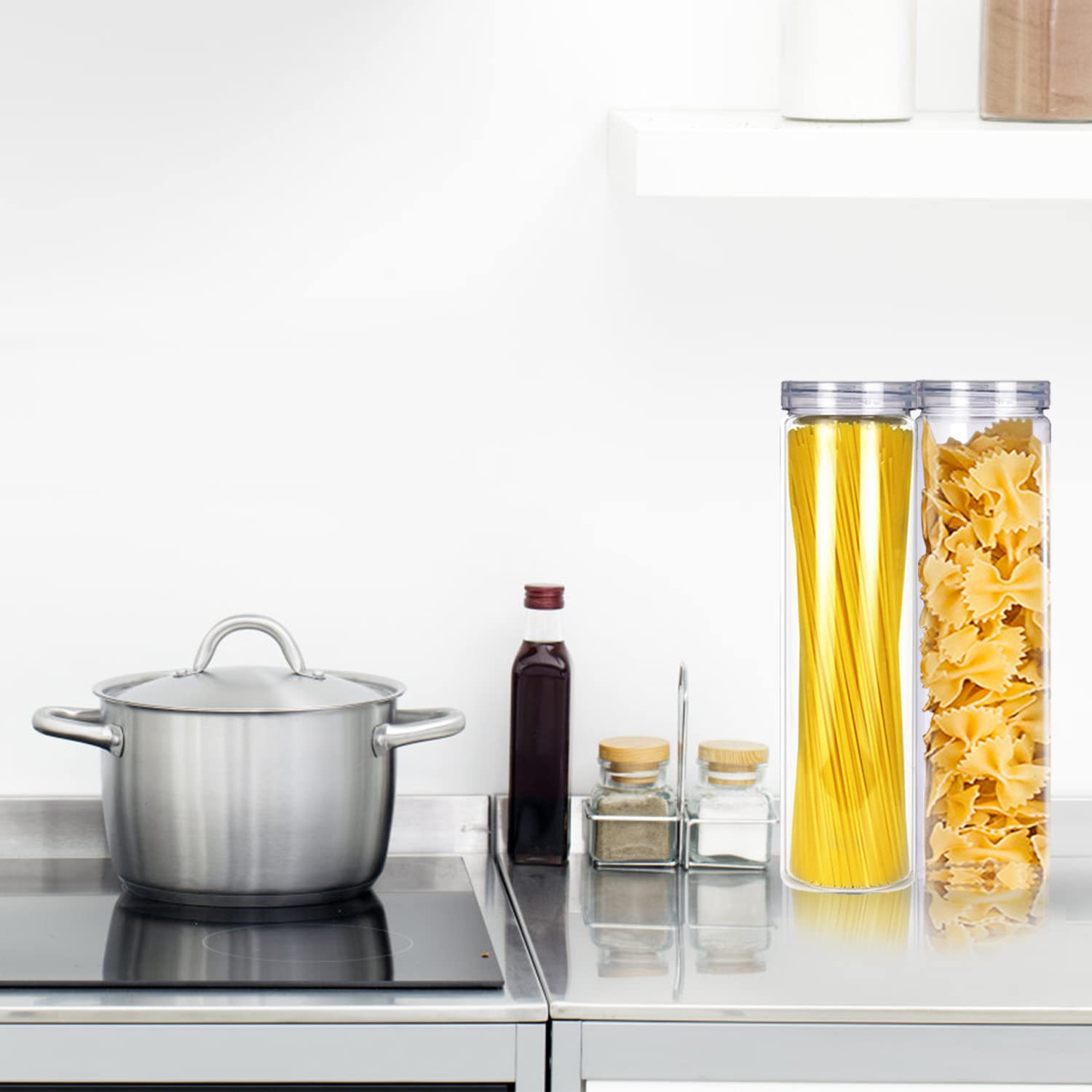 6-Piece Clear Spaghetti Pasta Storage Containers with Airtight Lids - Tall Pantry Organizers for Noodles, Flour, Cereal, Sugar & Beans - Perfect for Kitchen Organization & Bulk Food Storage
