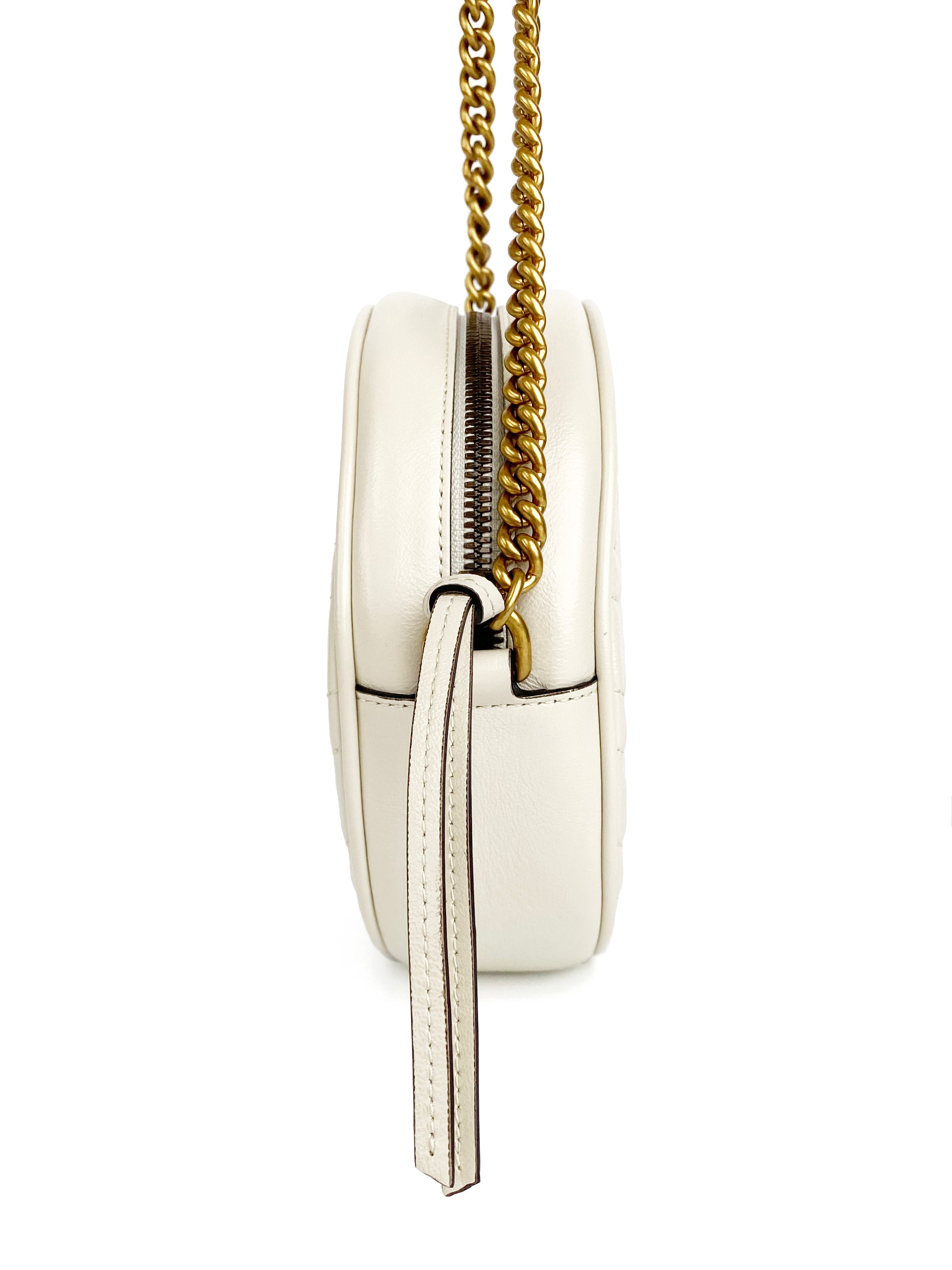 Gucci White Mini Round Marmont Shoulder Bag for Women - Luxury Leather Crossbody Purse with Gold Chain, Perfect for Date Night & Evening Events