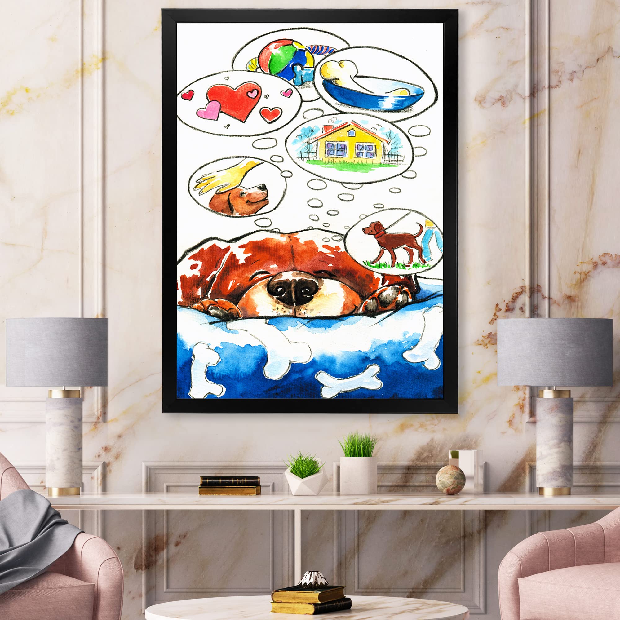 DesignQ Dog Dreams Framed Wall Art for Kids - Playroom & Nursery Decor, Animal Themed Children's Bedroom Painting