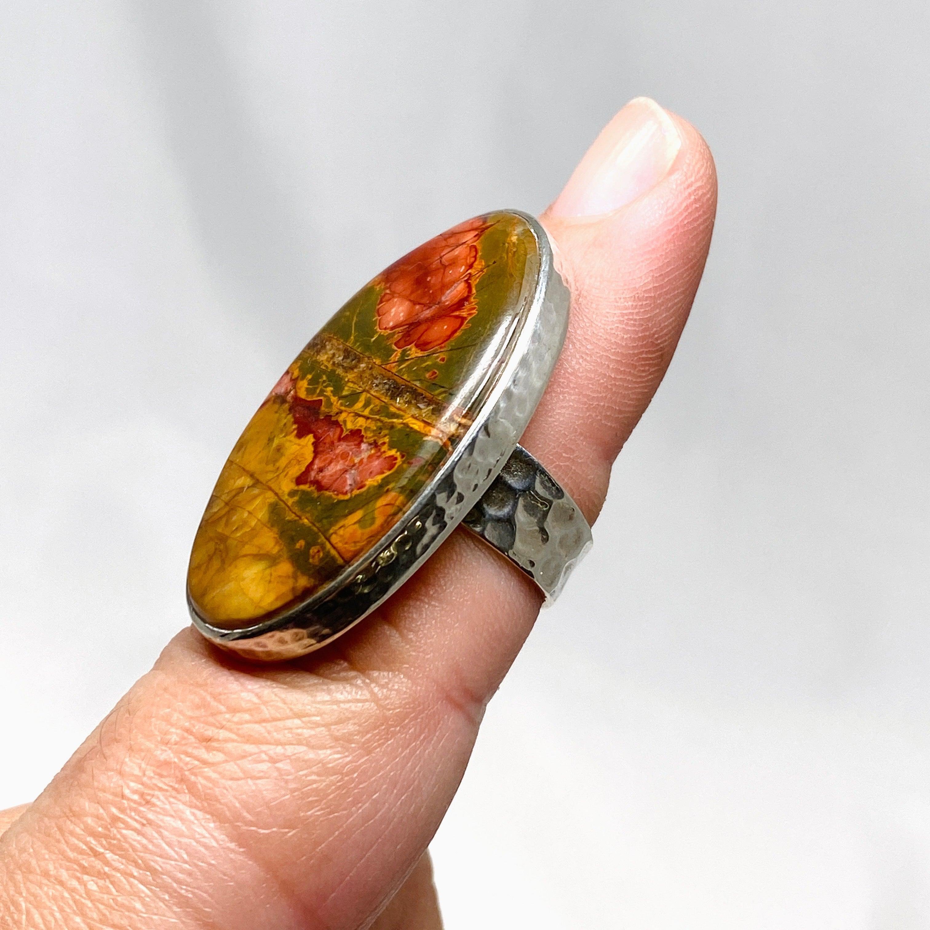 Cherry Creek Jasper Hammered Oval Ring - Size 7, KRGJ1601 - Handmade Boho Jewelry for Women, Perfect for Everyday Wear & Special Occasions