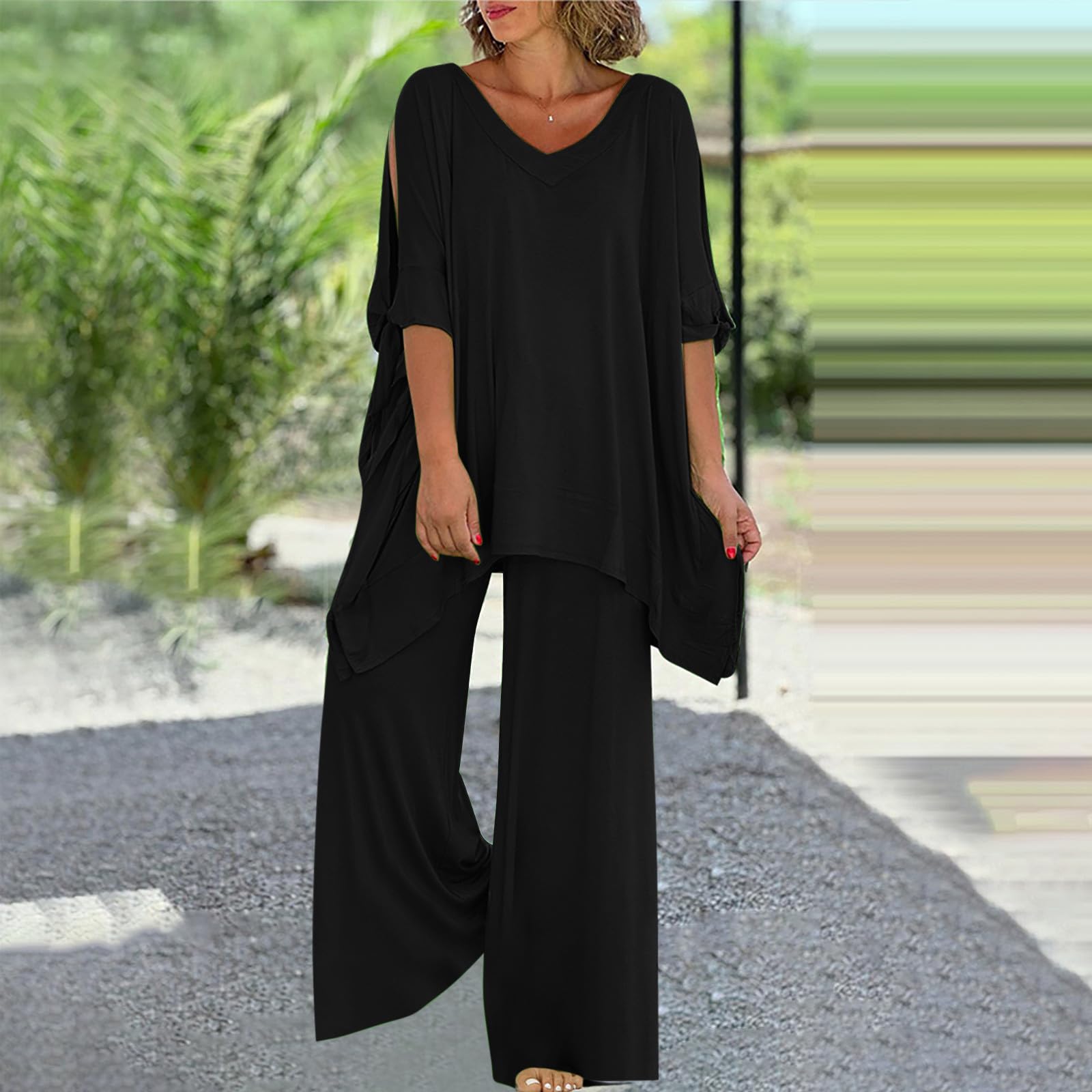 Women's 2-Piece Outfit - Short Sleeve V-Neck Blouse & Wide Leg Pants Lounge Set | Soft Cotton Linen Matching Pajama Set | Perfect for Home Relaxation, Yoga & Casual Wear