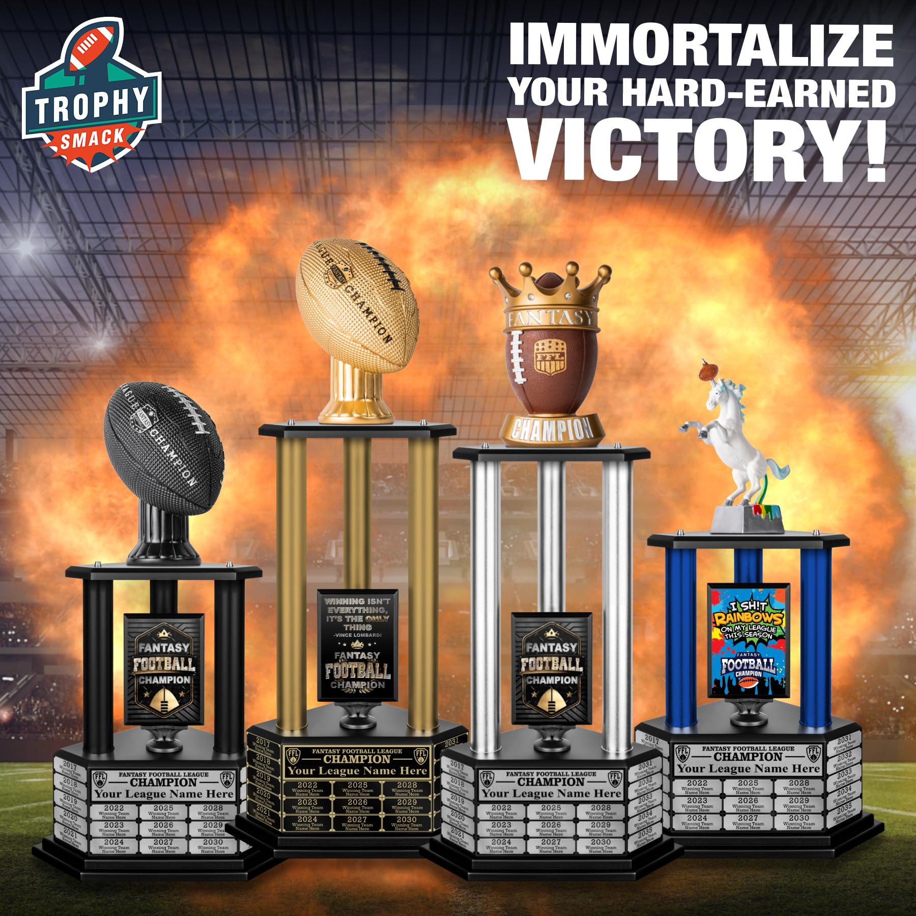 Custom Fantasy Football Trophy - Personalized Championship Award with 19-Year Engraving History, 26-56 Inch Height (Gold Football) - Perfect for NFL, College & Office League Victories