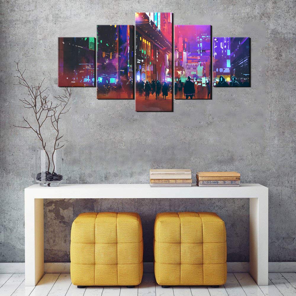 Cyberpunk City Wall Art - Neon Street Canvas Painting for Living Room & Bedroom Decor