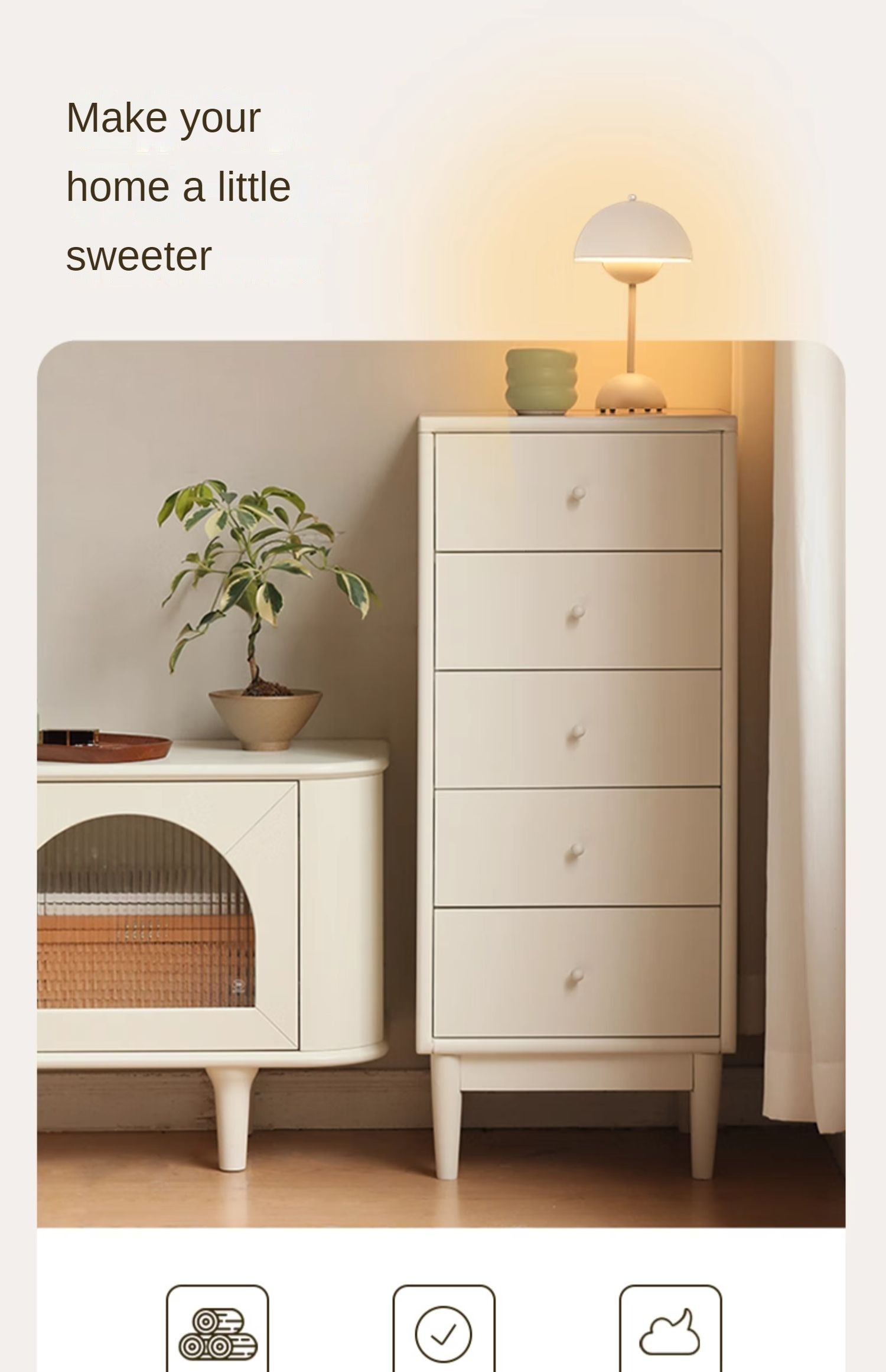 Solid Poplar Wood Chest of Drawers - Vintage Cream Storage Cabinet for Bedroom, Living Room & Office Organization