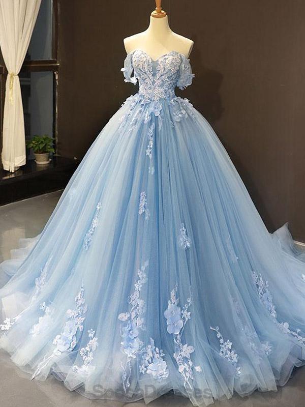 Elegant Off Shoulder Blue Handmade Floral Long Evening Prom Dress for Women - Perfect for Formal Dances, Galas & Special Occasions