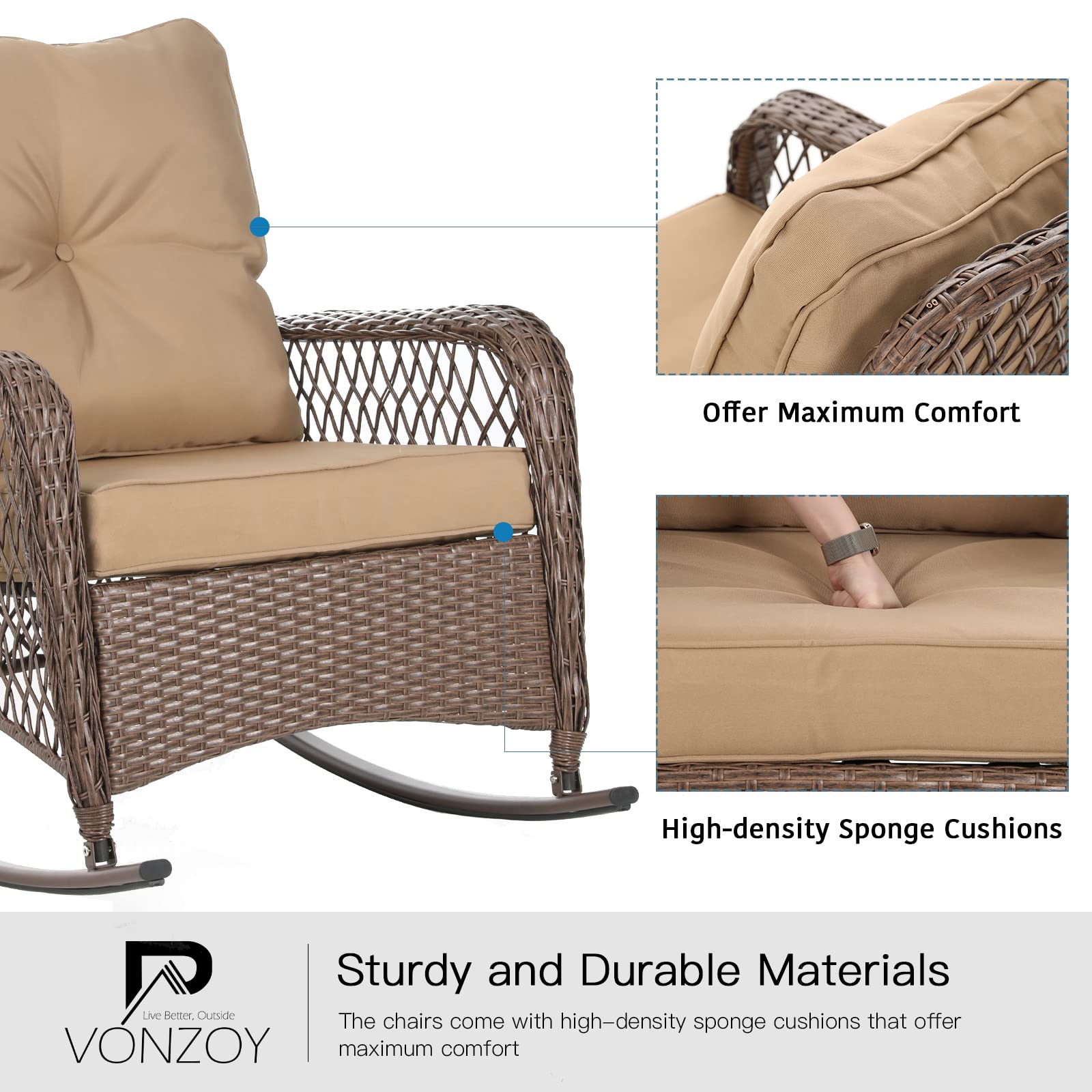 3-Piece Patio Furniture Set - Wicker Rocking Bistro Set with Thick Cushions, Outdoor Rocking Chairs & Coffee Table for Porch, Backyard or Garden (Khaki) | Perfect for Relaxing, Entertaining & Outdoor Dining