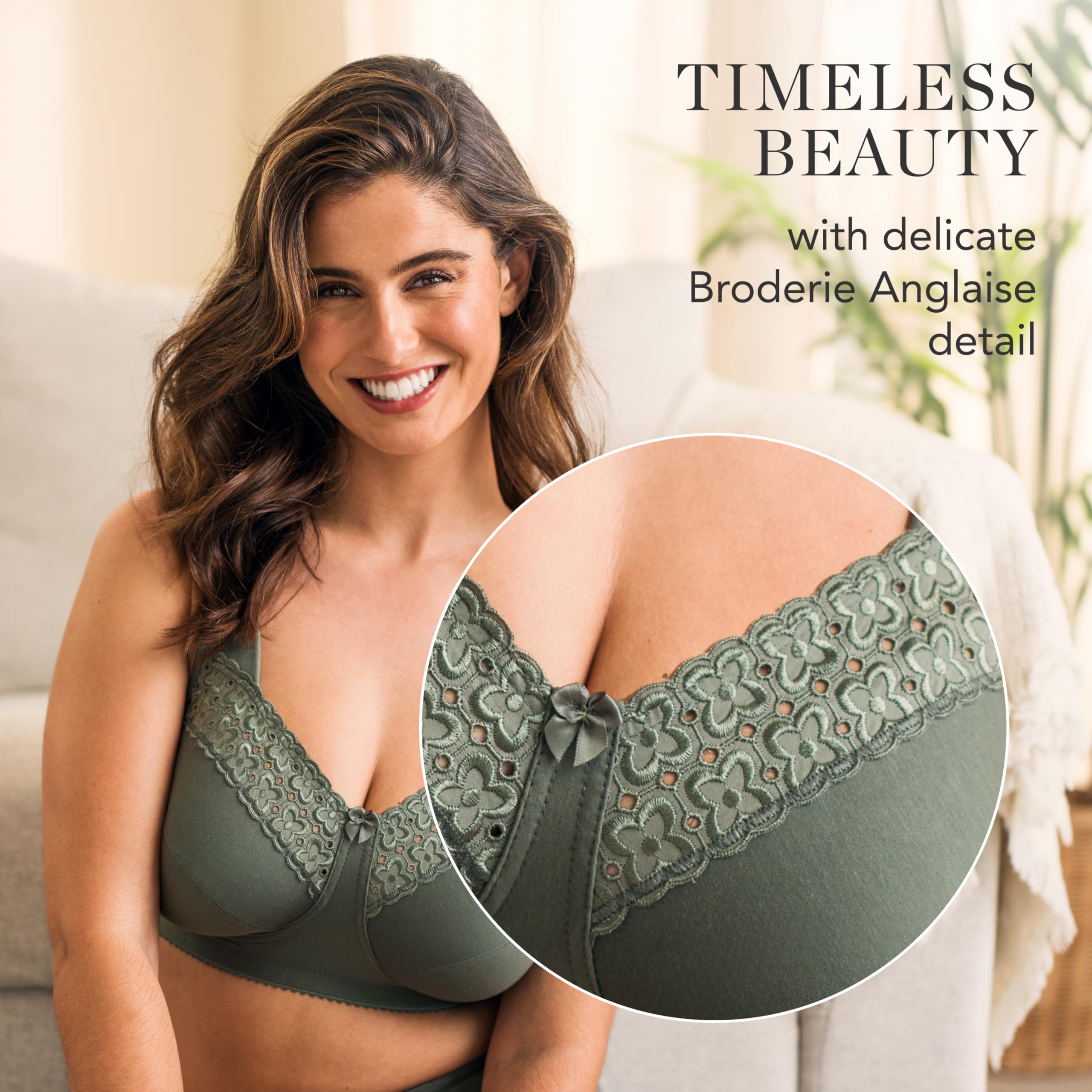 Miss Mary Women's Comfortable Cotton Non-Wired Bras - Full Coverage Support, Broderie Anglaise Design, Everyday Wear 38B Dusty Blue | Perfect for Work, Yoga & Relaxation