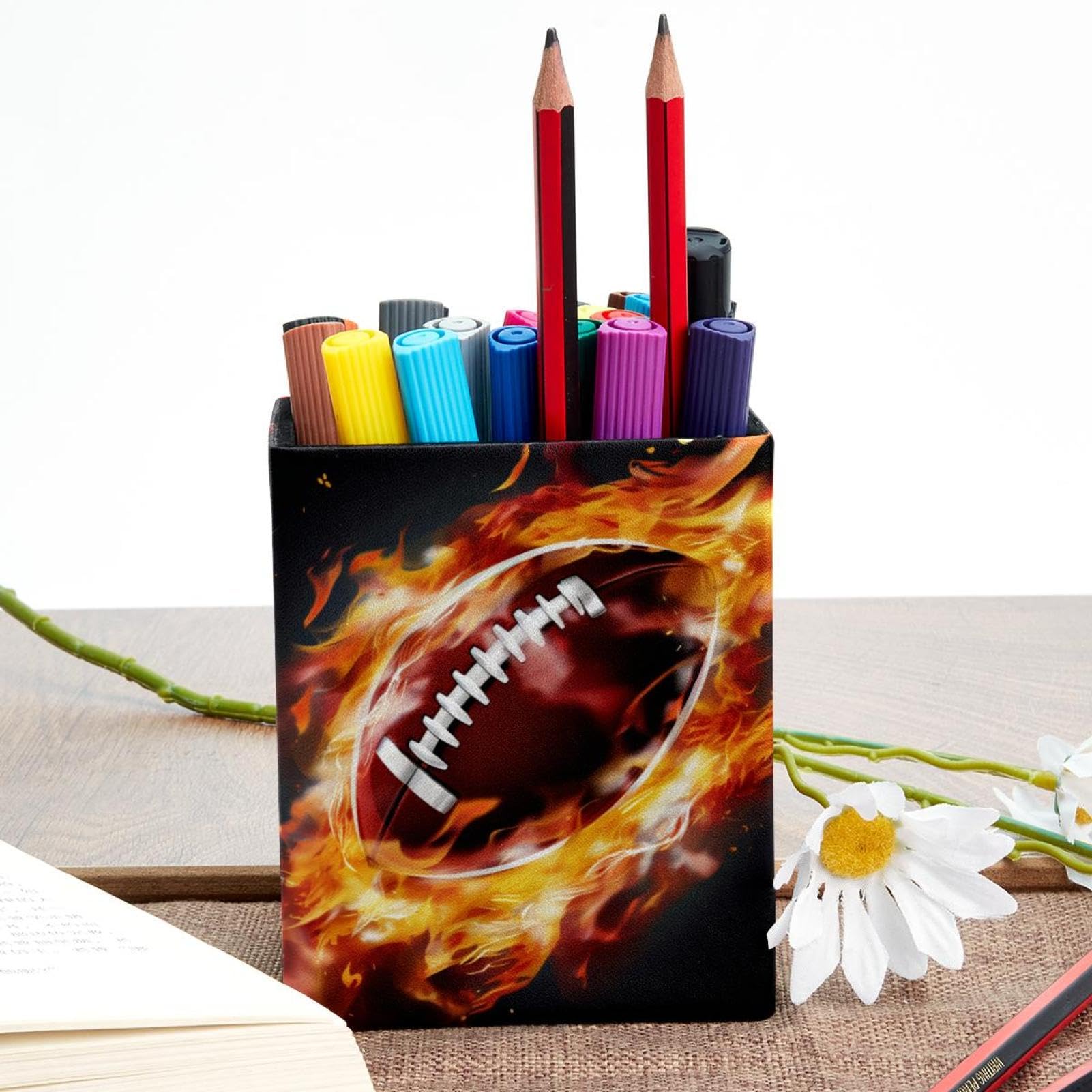 Premium Desk Pen Holder & Pencil Organizer - American Football & Fire Design - Office Supplies for Home, School & Workplace Organization