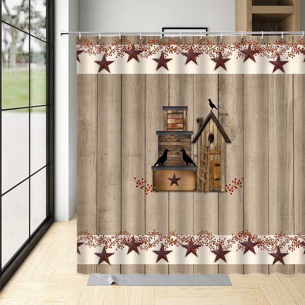 Rustic Texas Star Birdhouse Shower Curtain - Vintage Farmhouse Barn Door Design with Pip Berry Accents, 70x70 Inch Polyester Fabric Bathroom Curtain for Western Cabin & Primitive Country Decor (Includes Hooks)