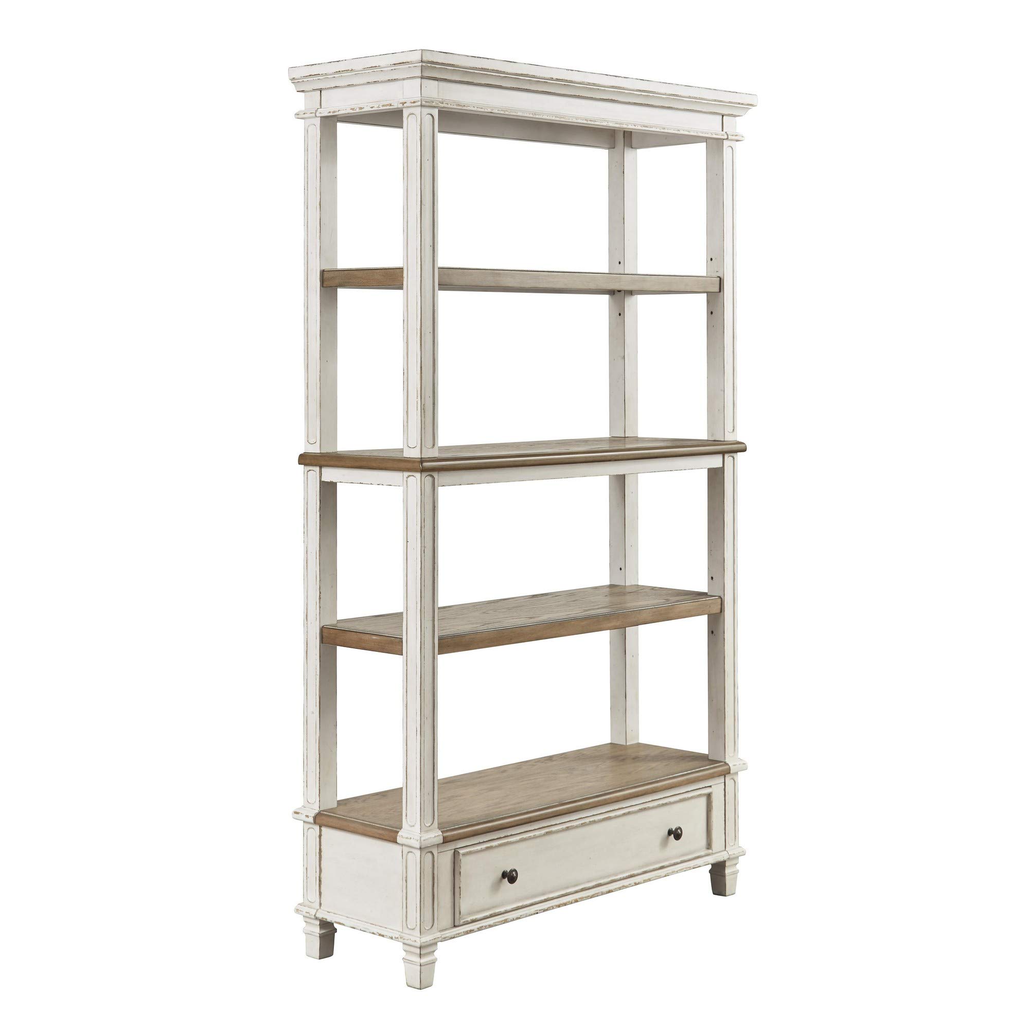 Benjara 4-Tier Wooden Bookcase with Bottom Drawer - Brown & White Storage Shelf for Living Room, Bedroom, or Home Office
