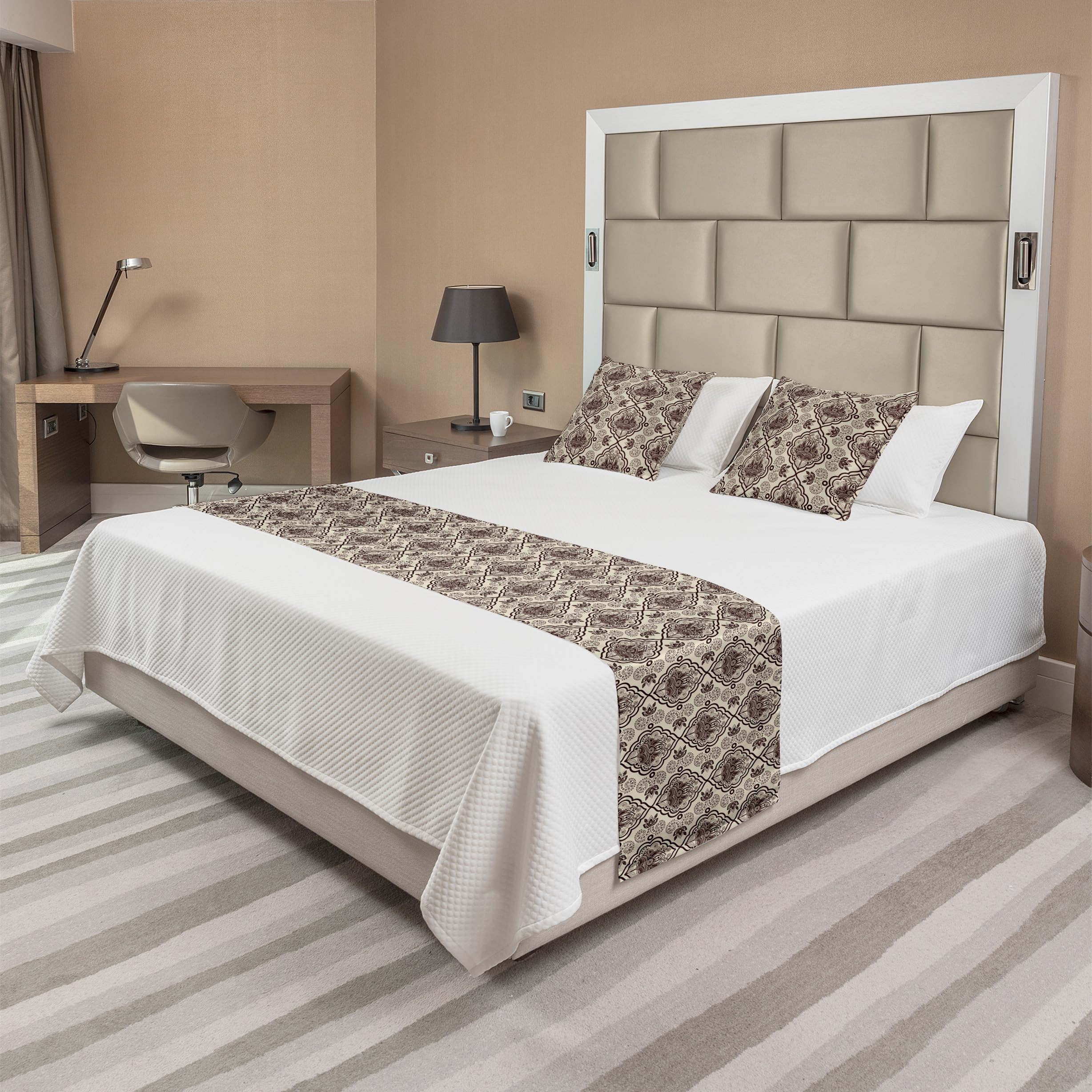 Ambesonne Damask Bed Runner Set with Abstract Flourish Curvy Frames & Swirly Motifs - Exotic Lotus Ornament Decorative Bedding Scarf & 2 Pillow Shams - Chestnut Brown & Beige - Perfect for Hotel Beds, Home Decor & Luxury Bedroom Styling