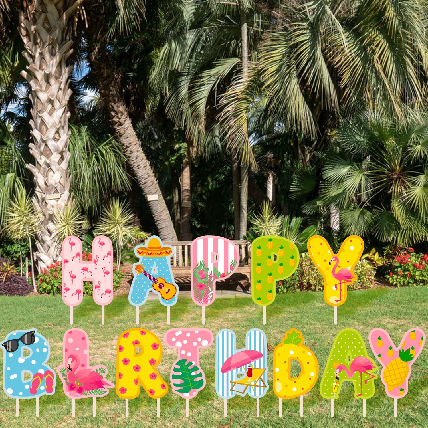 Happy Birthday Yard Sign - Pink Flamingo & Pineapple Tropical Party Decor for Outdoor Garden, Hawaiian Summer Birthday Celebration - Perfect for Backyard Parties, Luau Events & Beach Themed Decorations