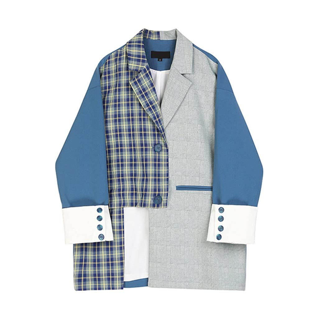 SKREOJF Women's Blue Plaid Split Joint Oversized Blazer - Lapel Long Sleeve Loose Fit Jacket for Spring & Autumn | Office Wear, Casual Outfits, Business Attire (Blue, Size S)