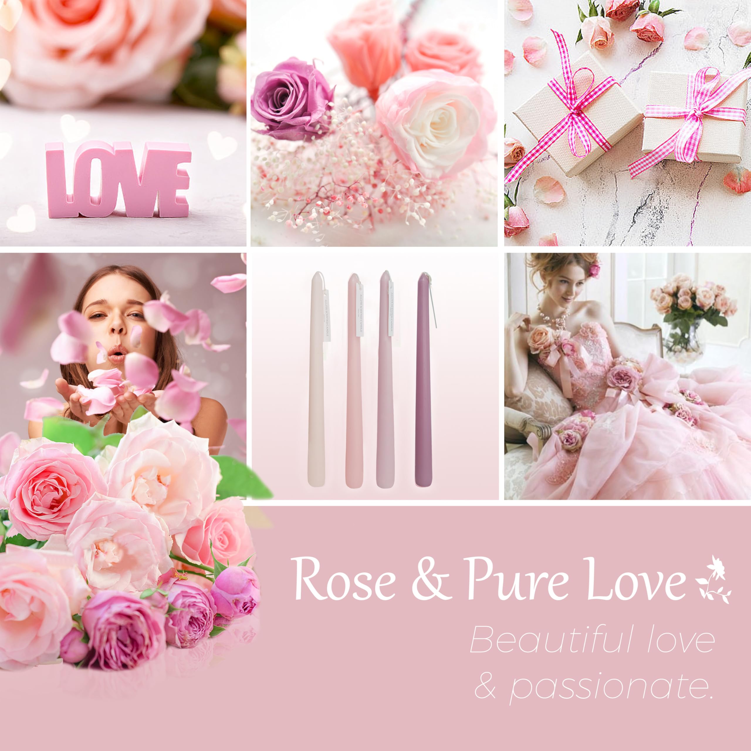 8-Hour Romantic Rose Scented Taper Candles - Pink Gradient Long Candlesticks for Wedding, Anniversary & Romantic Dinners (4-Pack) - Perfect for Table Centerpieces, Candlelight Dinners & Special Occasions